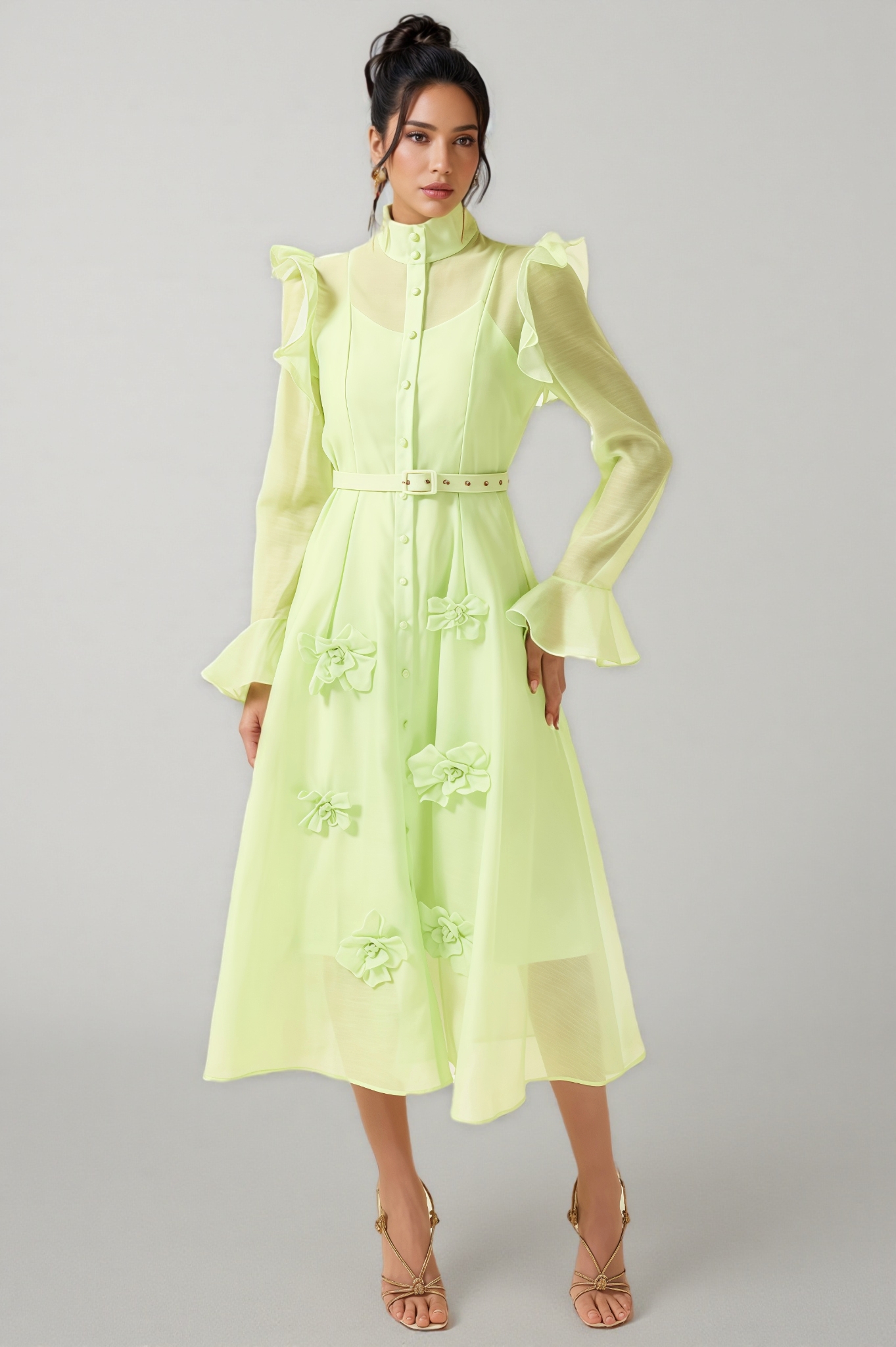 Vareka Green 3D Floral Frill Midi Dress
