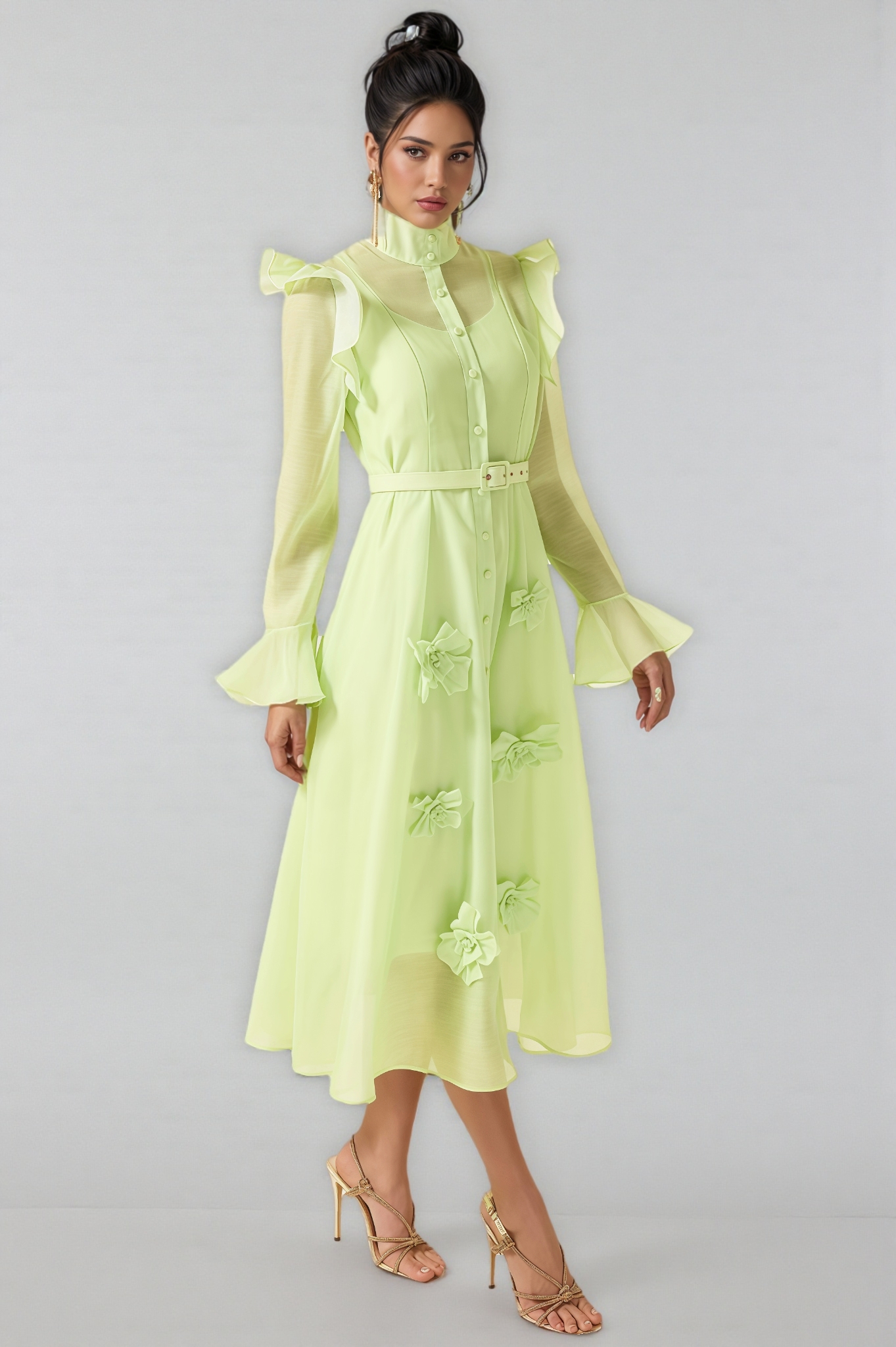Vareka Green 3D Floral Frill Midi Dress