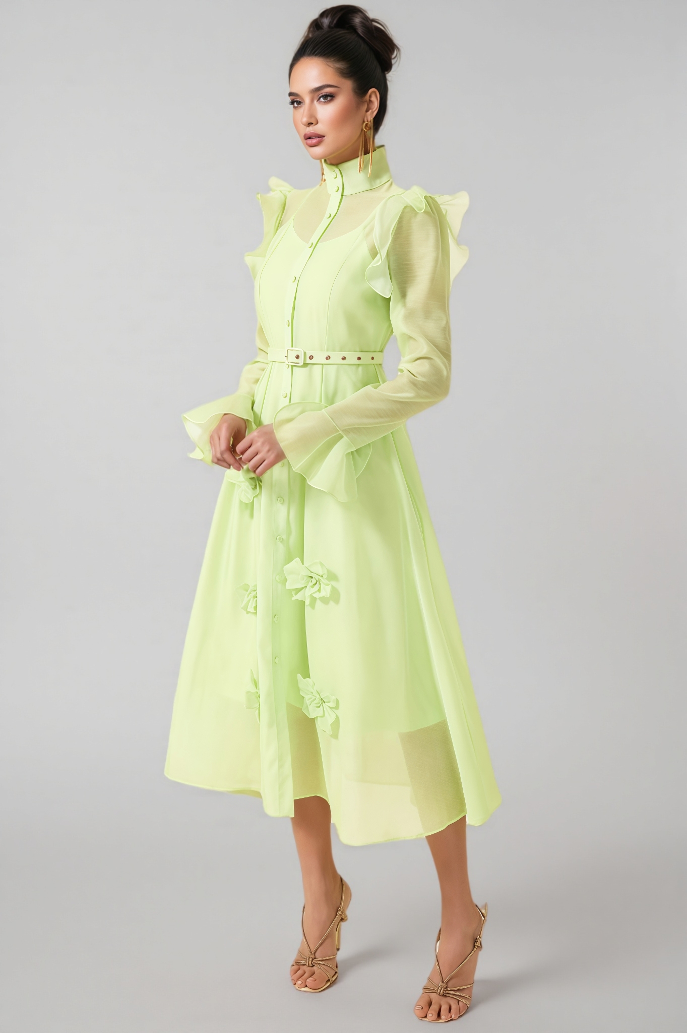 Vareka Green 3D Floral Frill Midi Dress