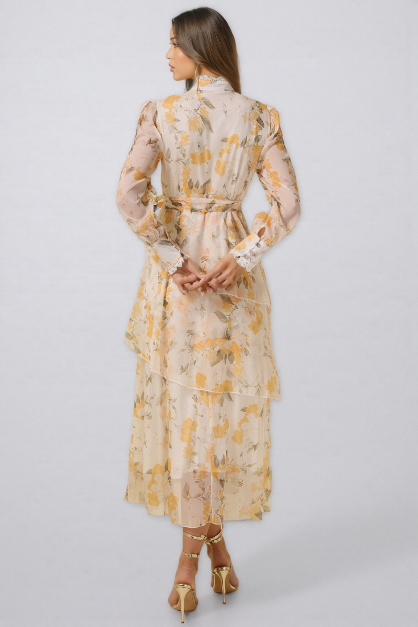 Leonasd Lace Splicing Chiffon Ruffle Midi Dress