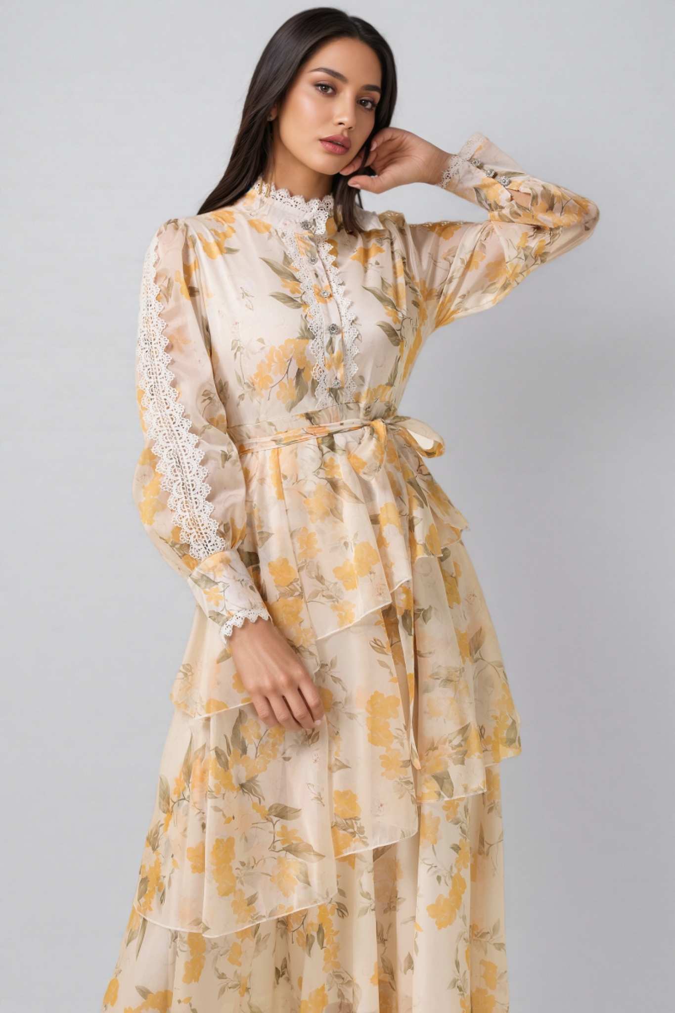 Leonasd Lace Splicing Chiffon Ruffle Midi Dress