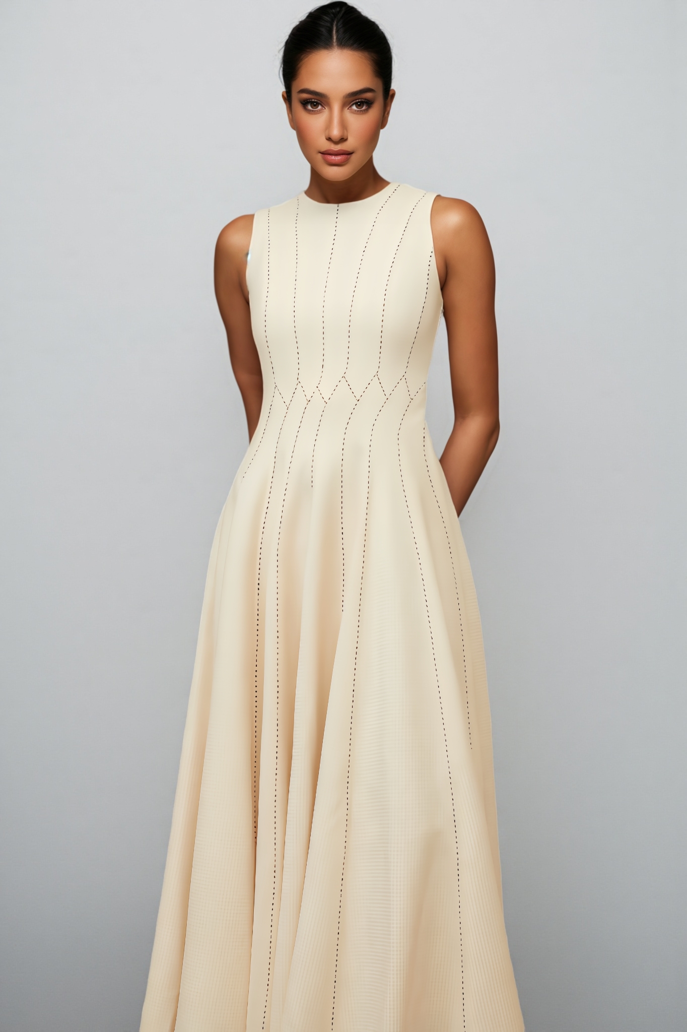 Elaray Neutral Shirred Textured Midi Dress