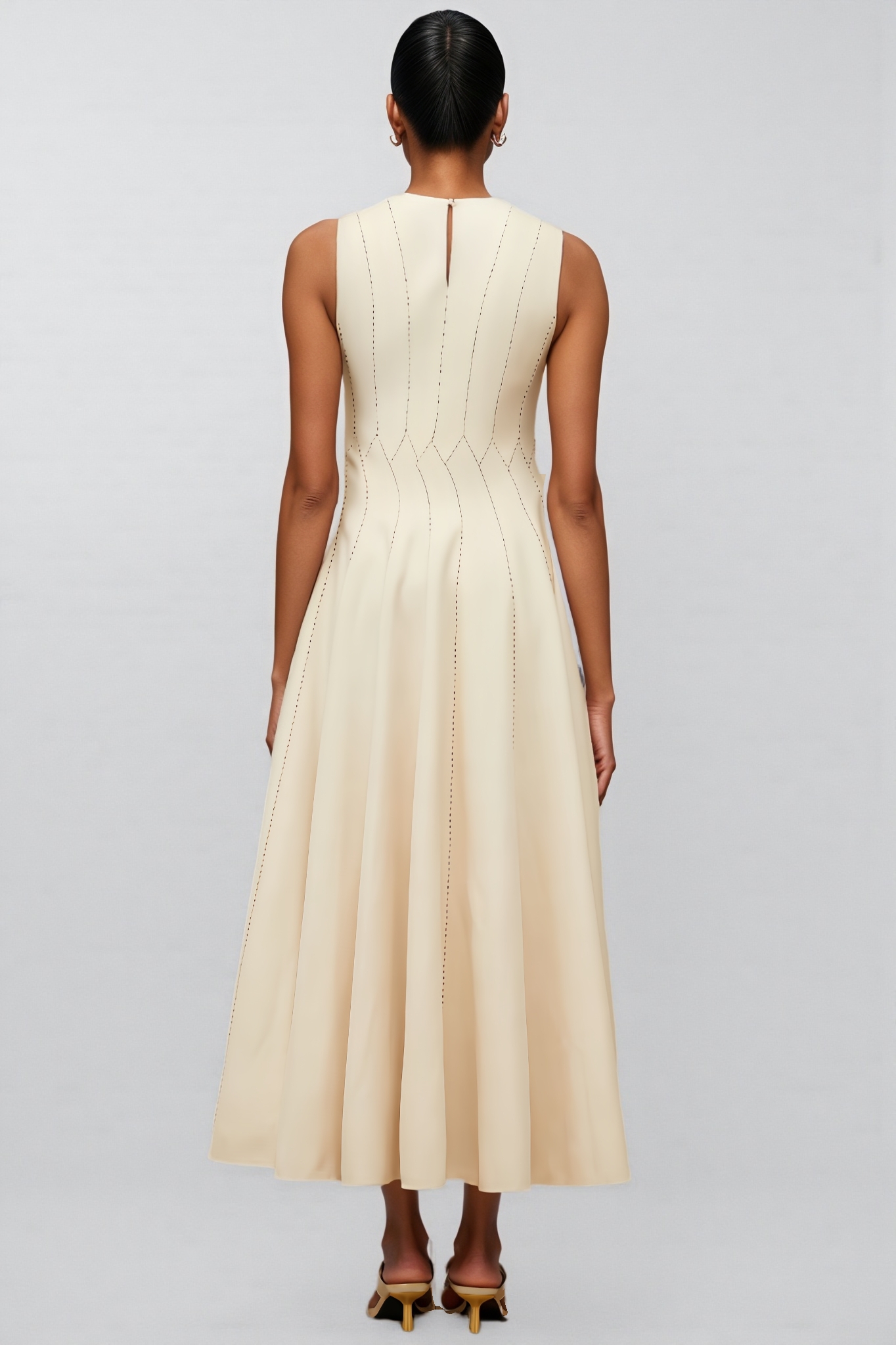 Elaray Neutral Shirred Textured Midi Dress