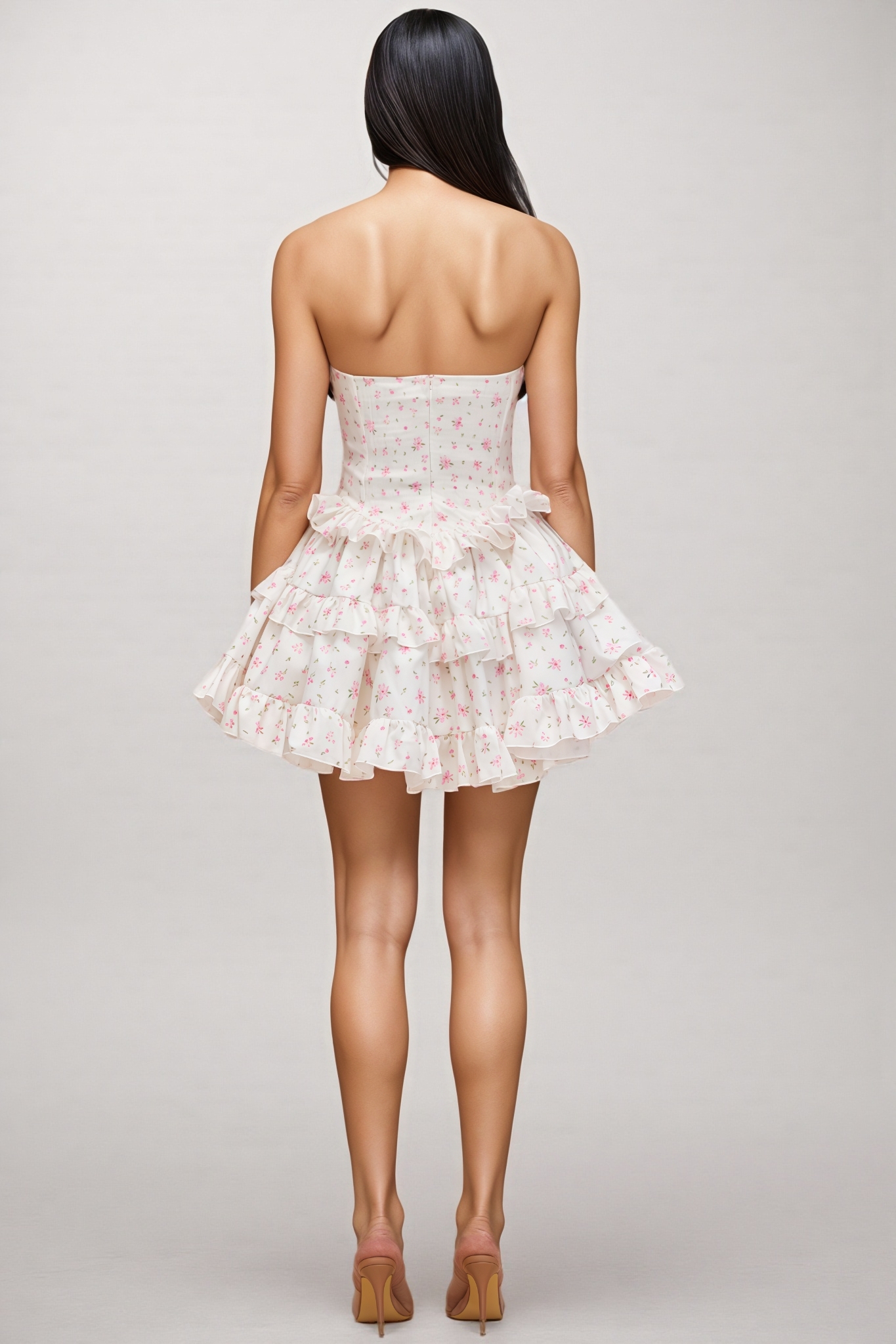 Sabint Floral Print Strapless Tiered Mini Dress