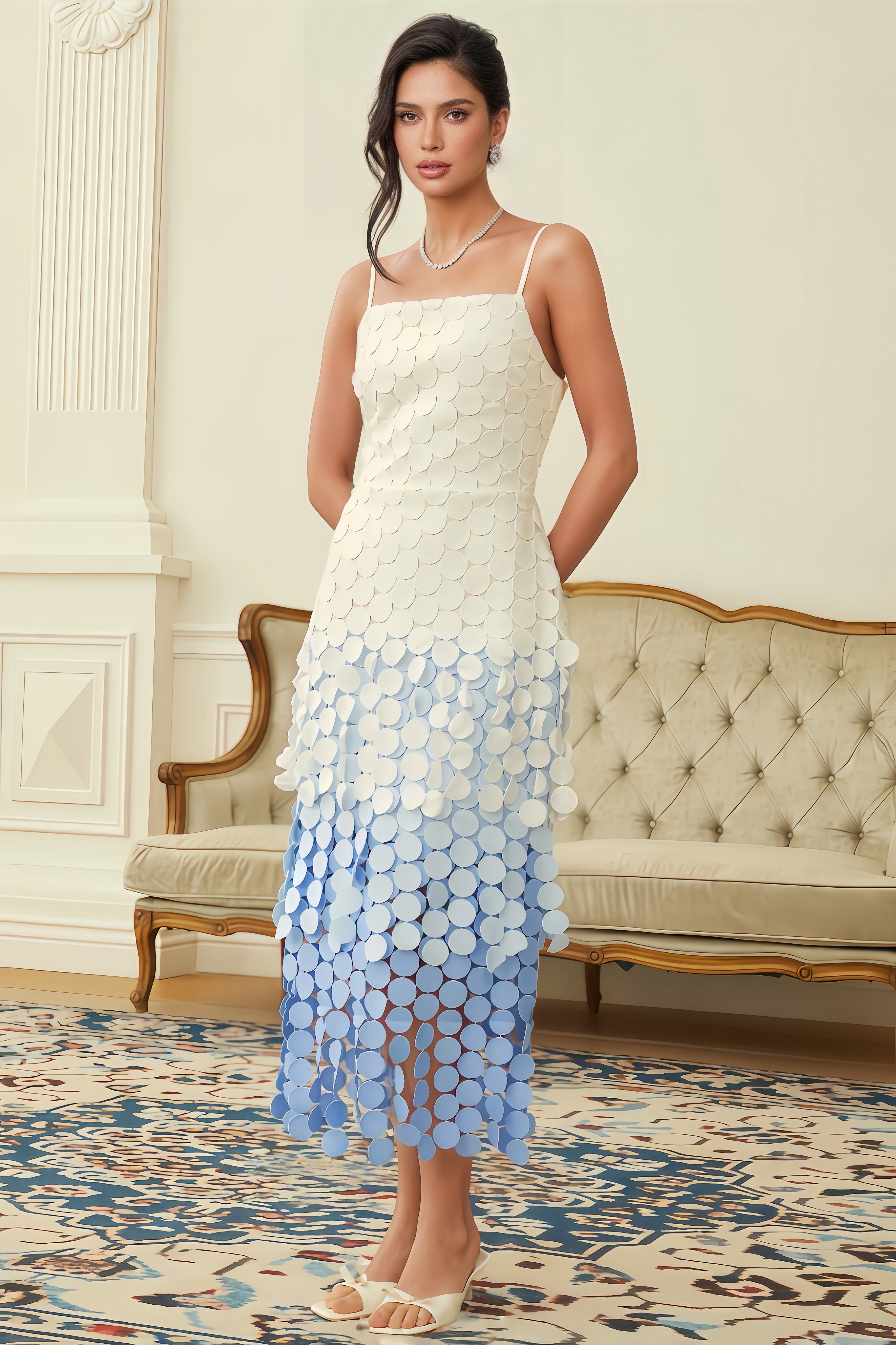 Kairot Embroidered Disc-Fringed Midi Dress