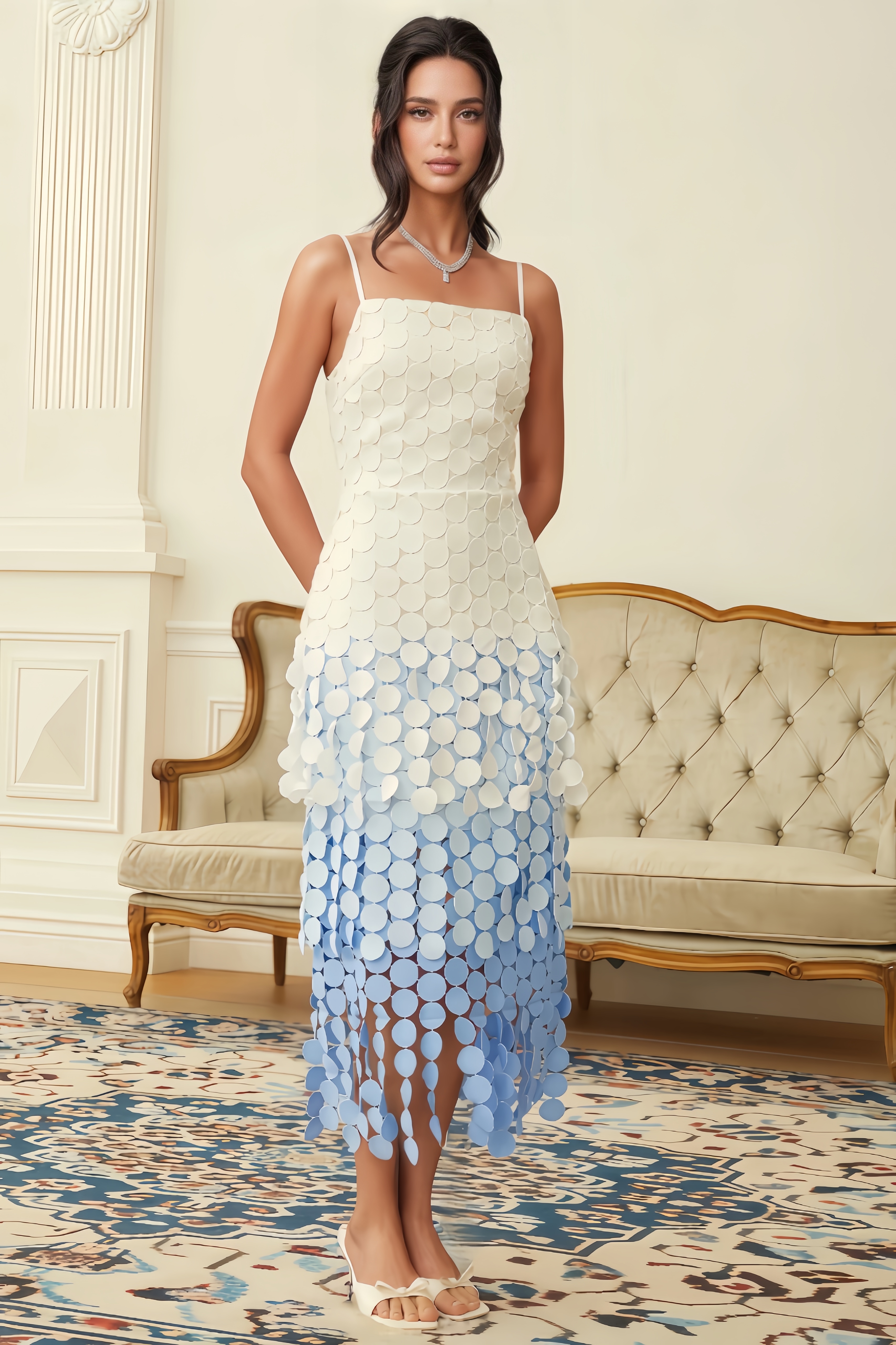 Kairot Embroidered Disc-Fringed Midi Dress