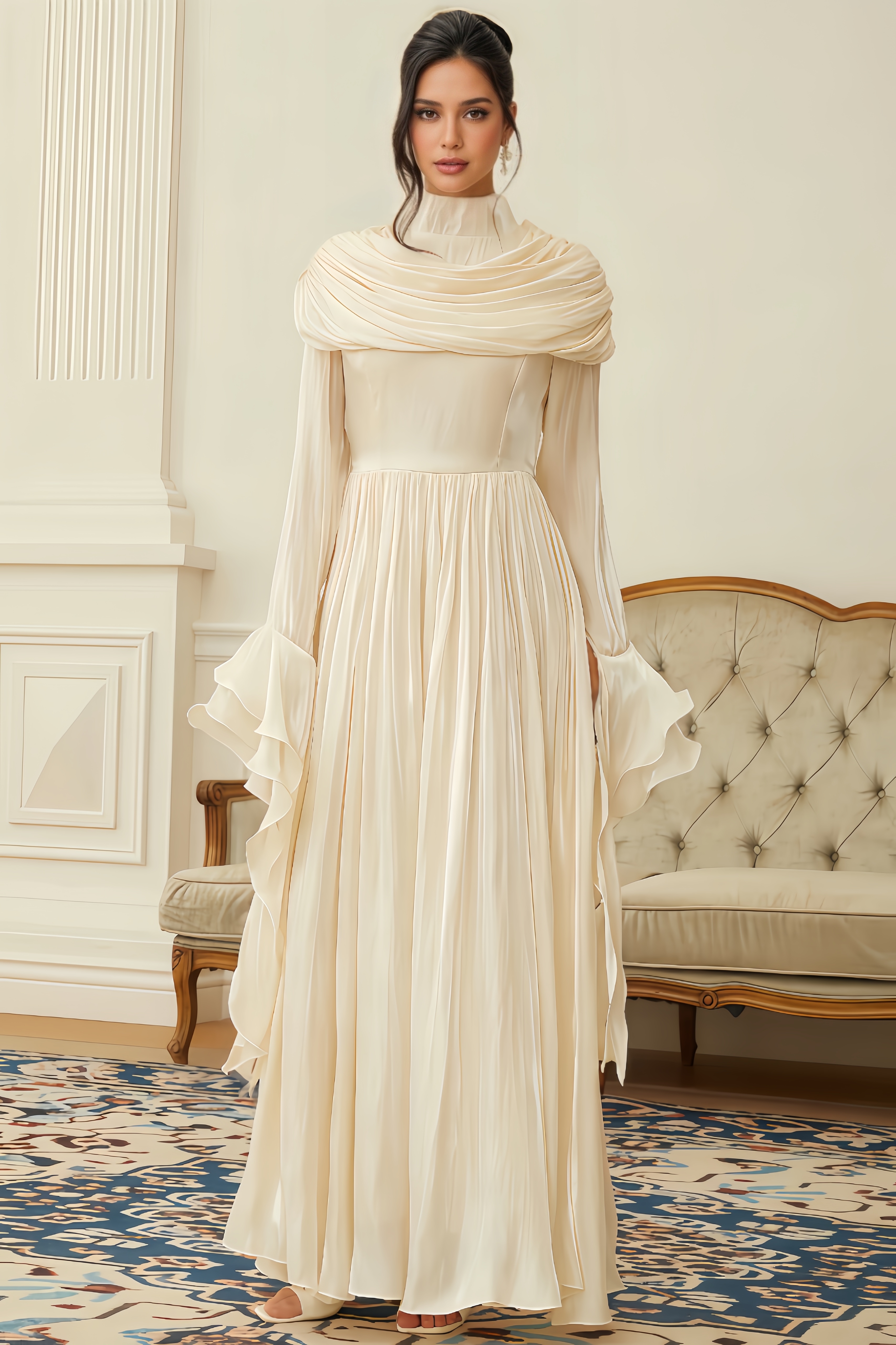 Cato Neutral Ruched Pleated Maxi Dress