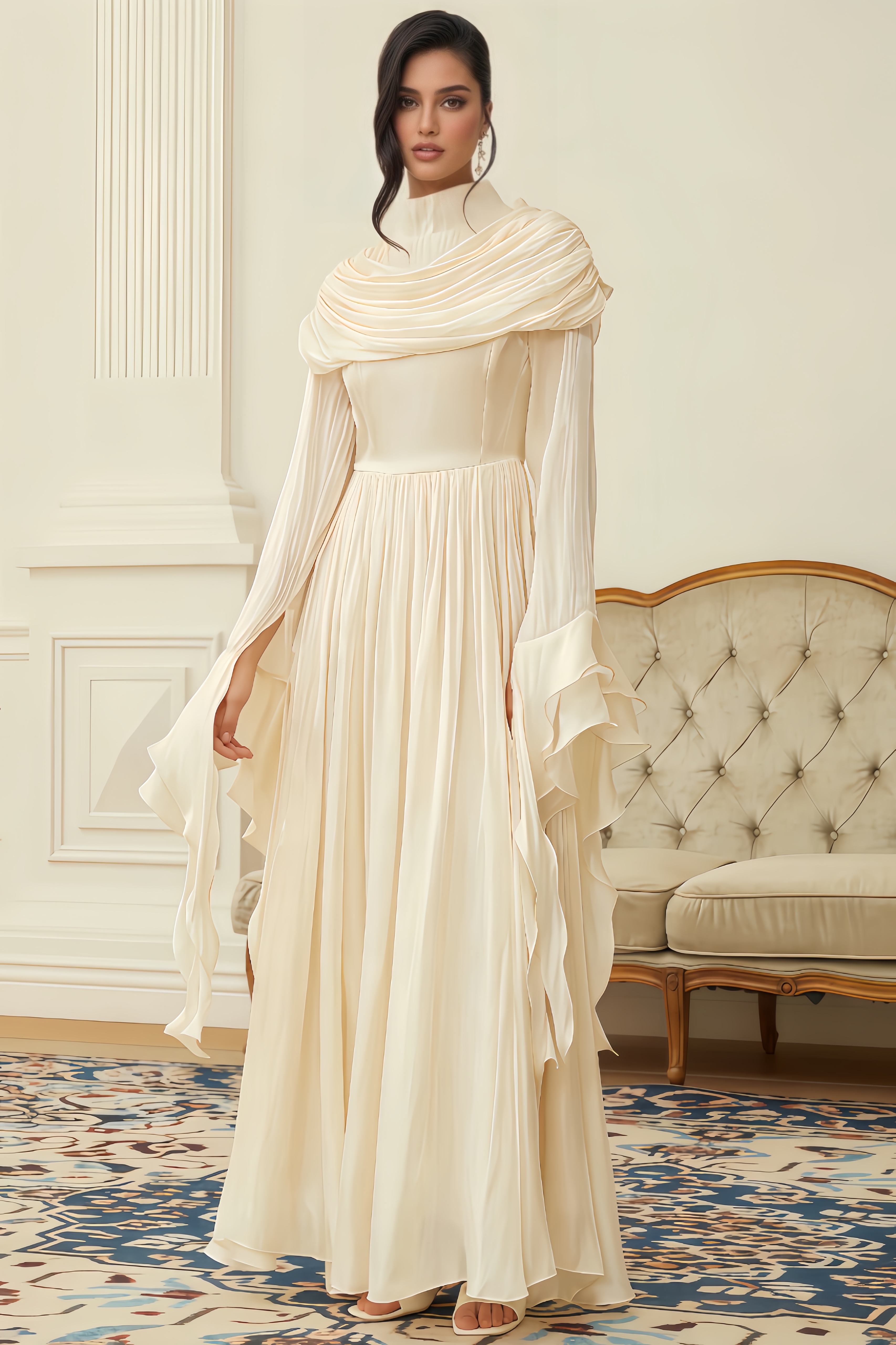 Cato Neutral Ruched Pleated Maxi Dress