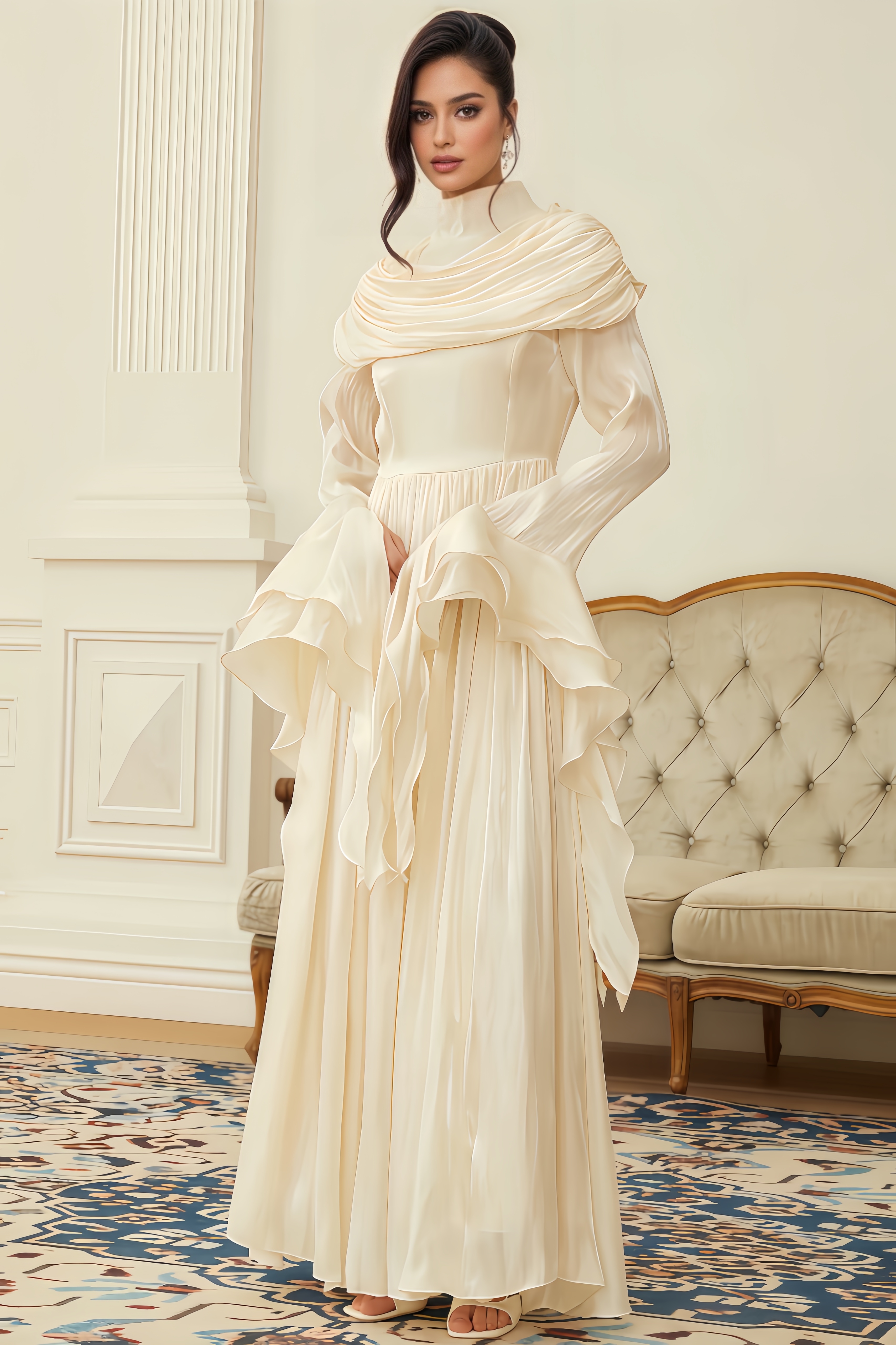 Cato Neutral Ruched Pleated Maxi Dress