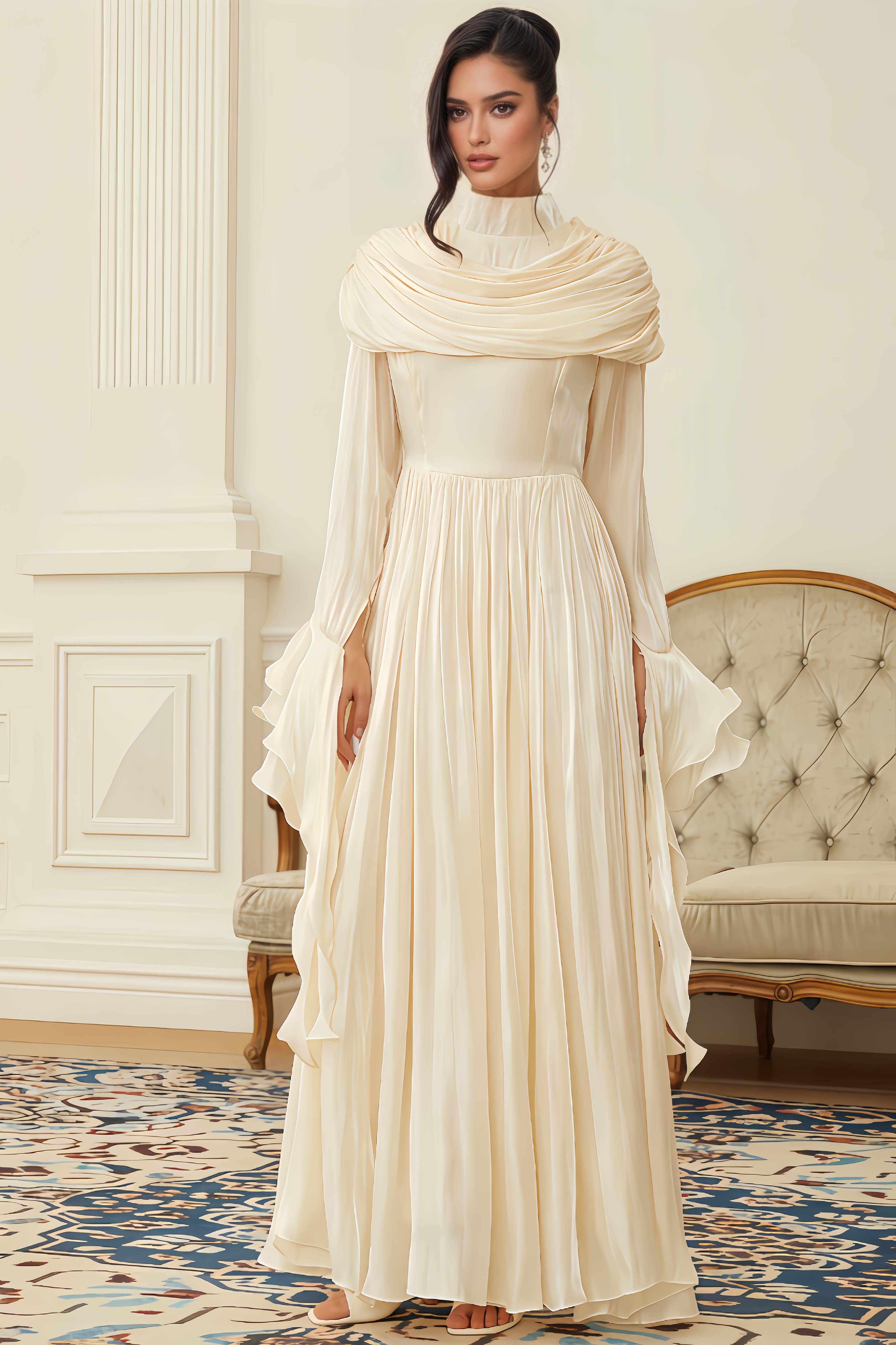 Cato Neutral Ruched Pleated Maxi Dress