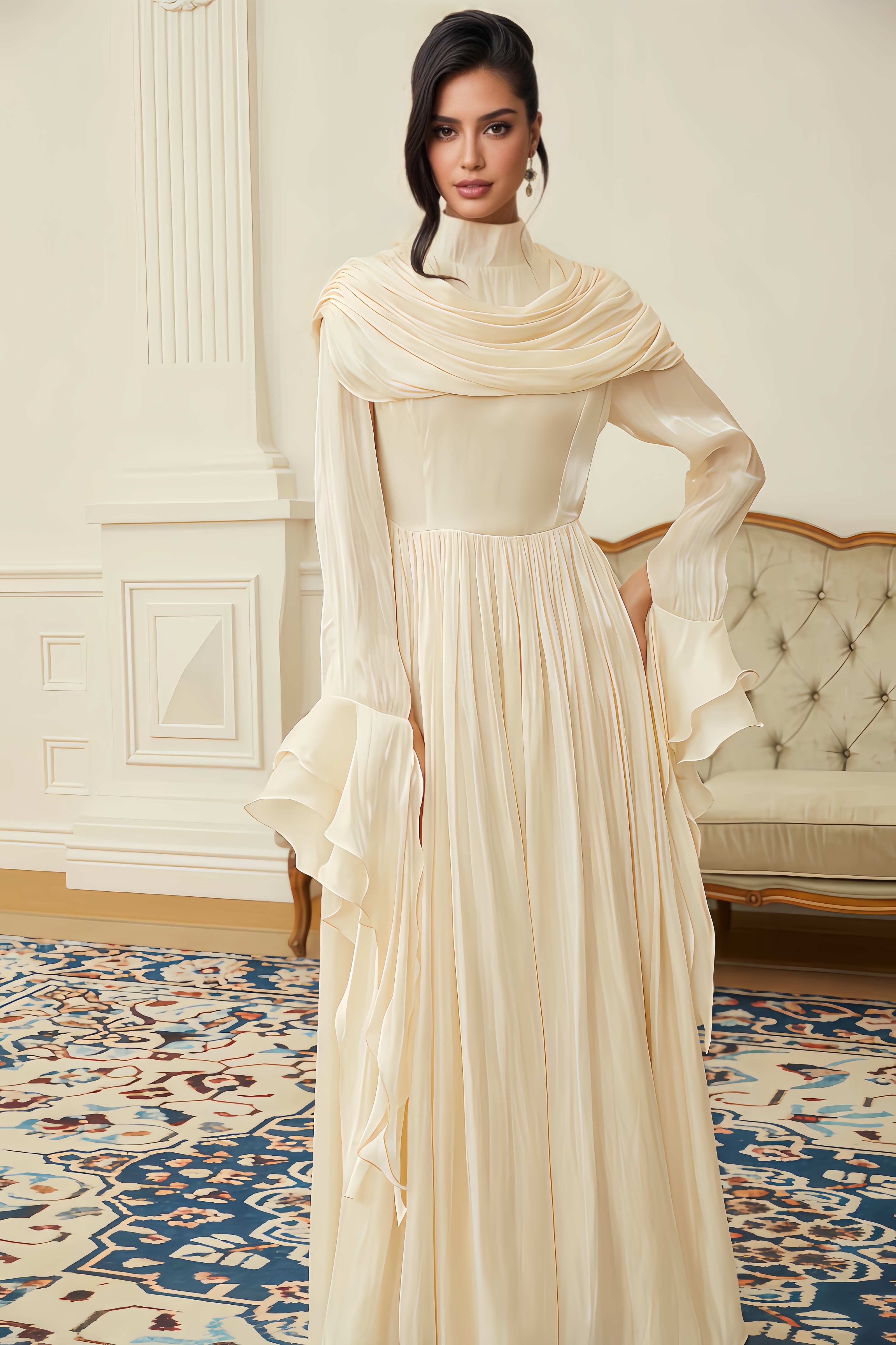 Cato Neutral Ruched Pleated Maxi Dress