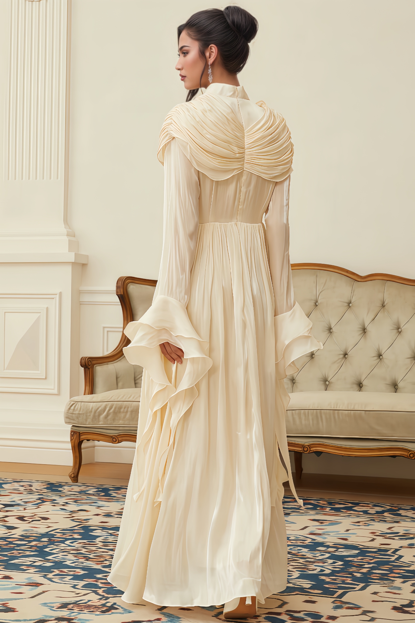 Cato Neutral Ruched Pleated Maxi Dress