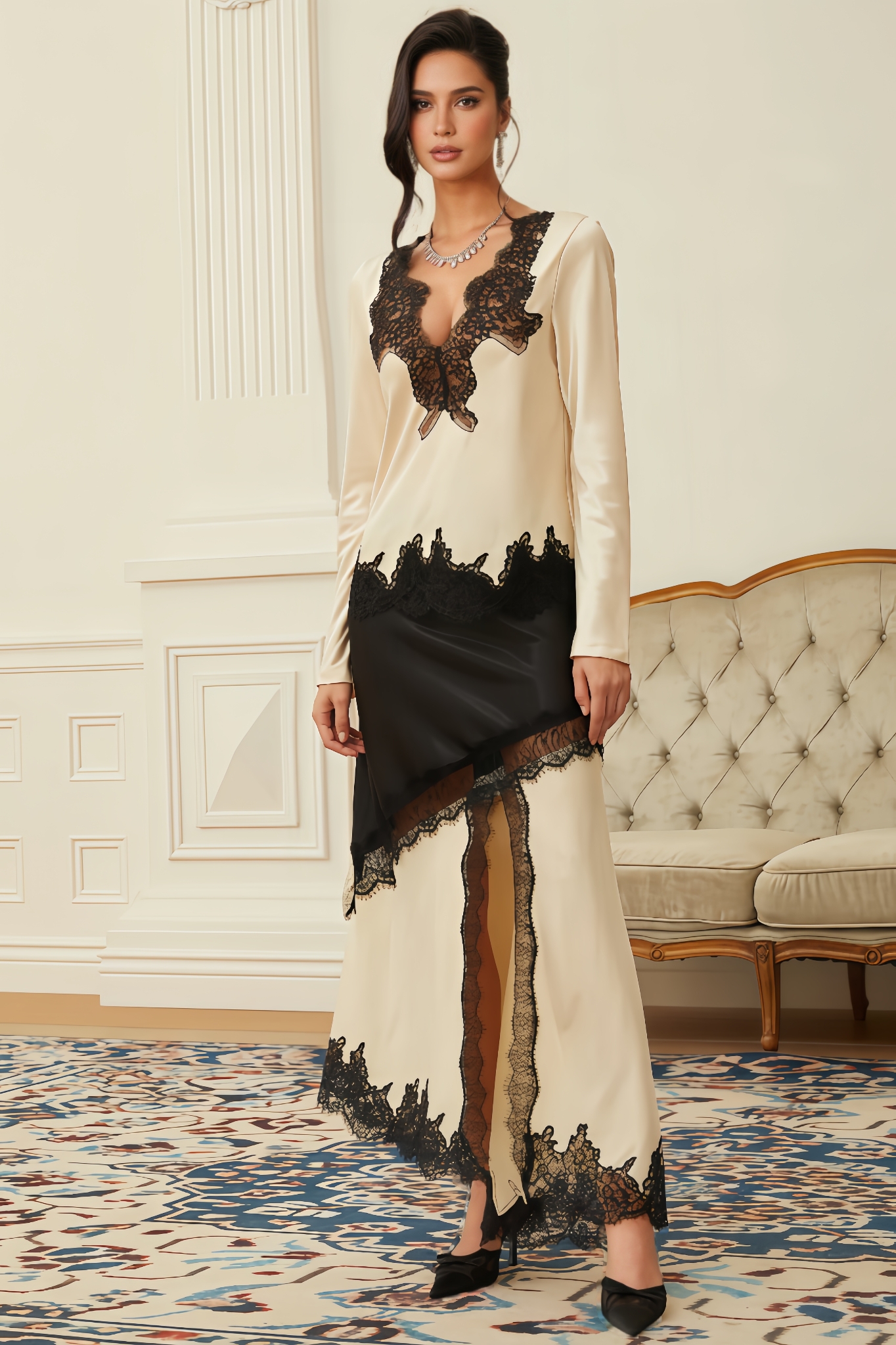 Miaka Lace Panel Satin Blouse & Skirt Set