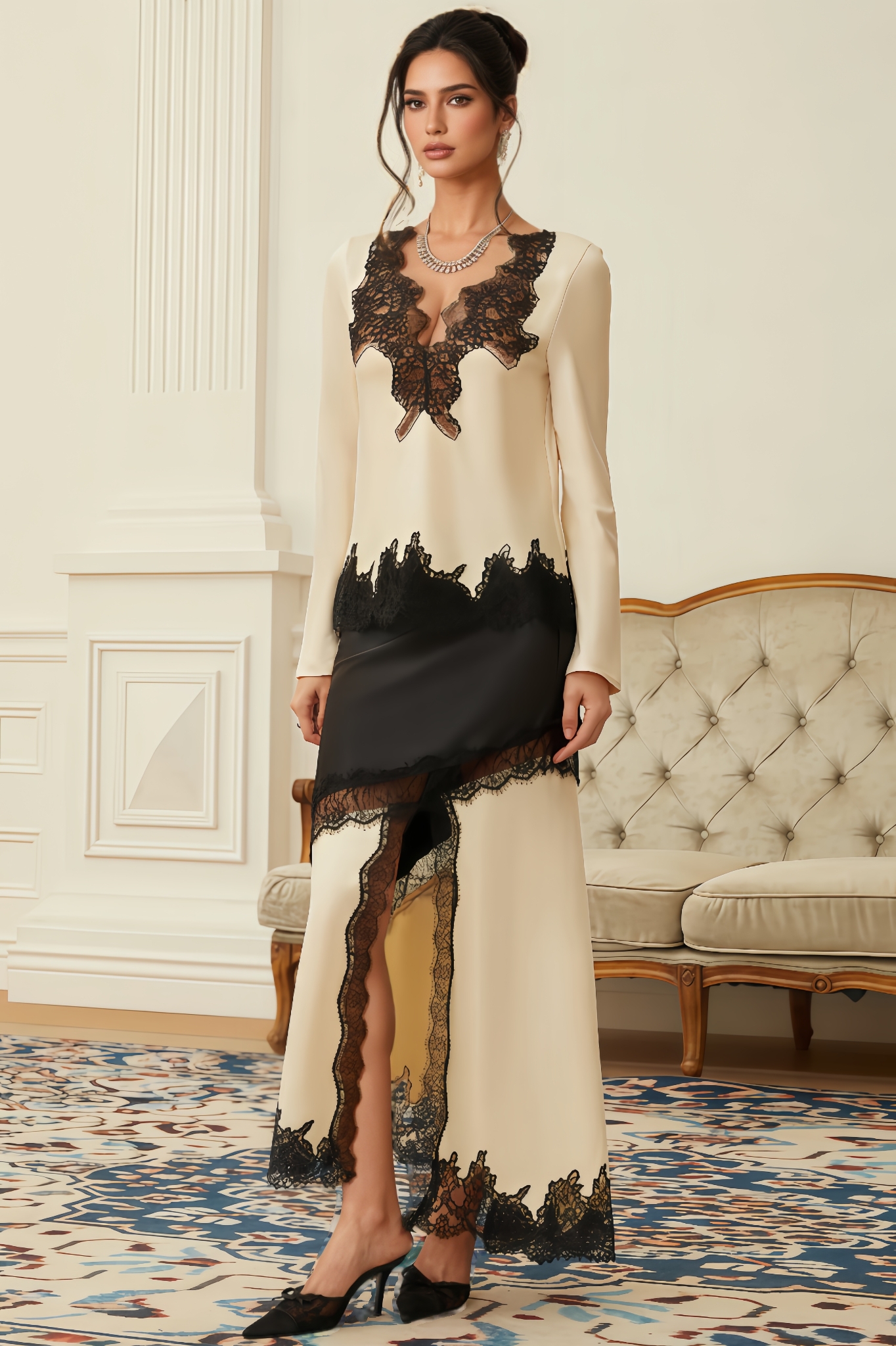 Miaka Lace Panel Satin Blouse & Skirt Set