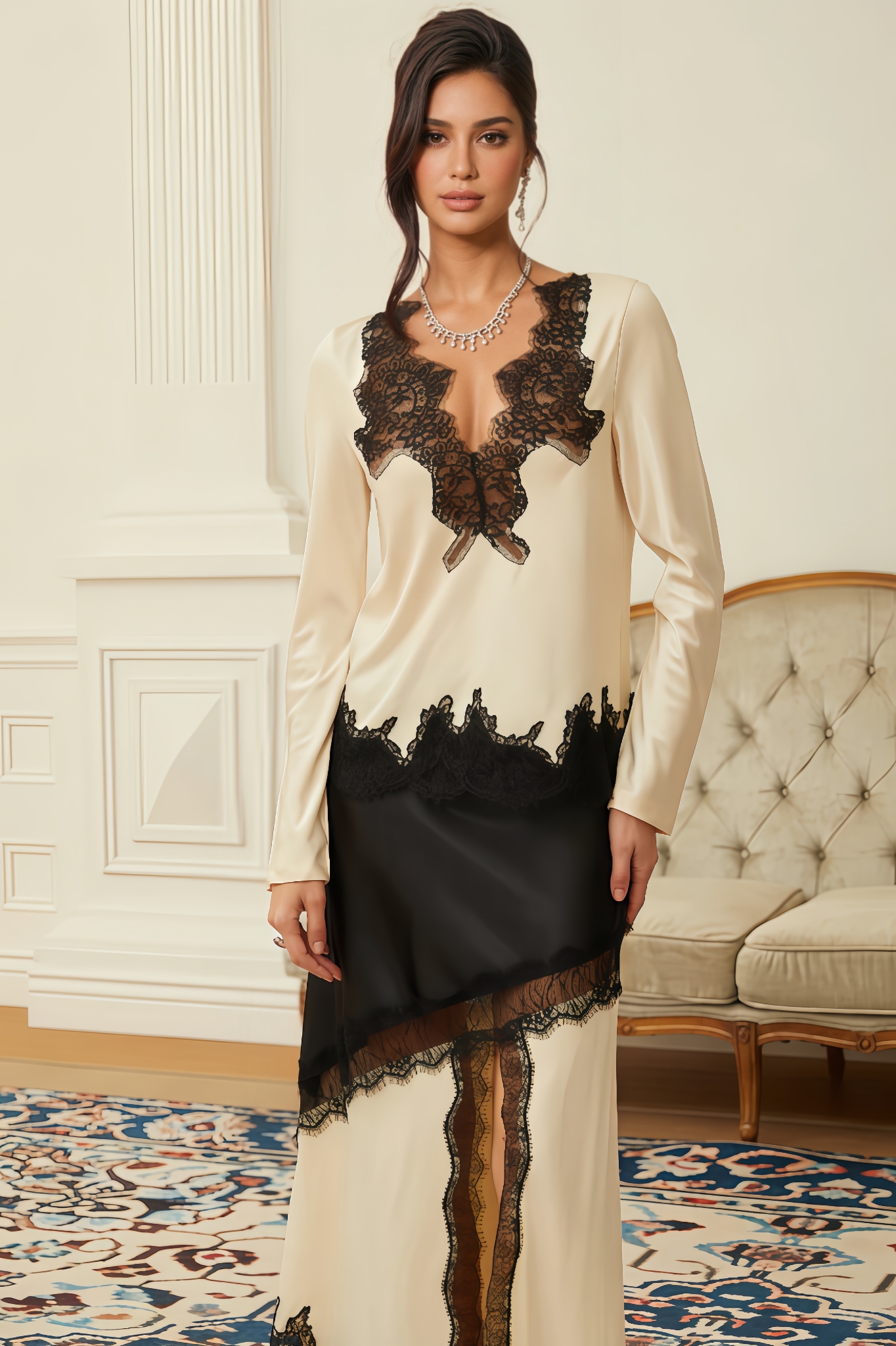 Miaka Lace Panel Satin Blouse & Skirt Set