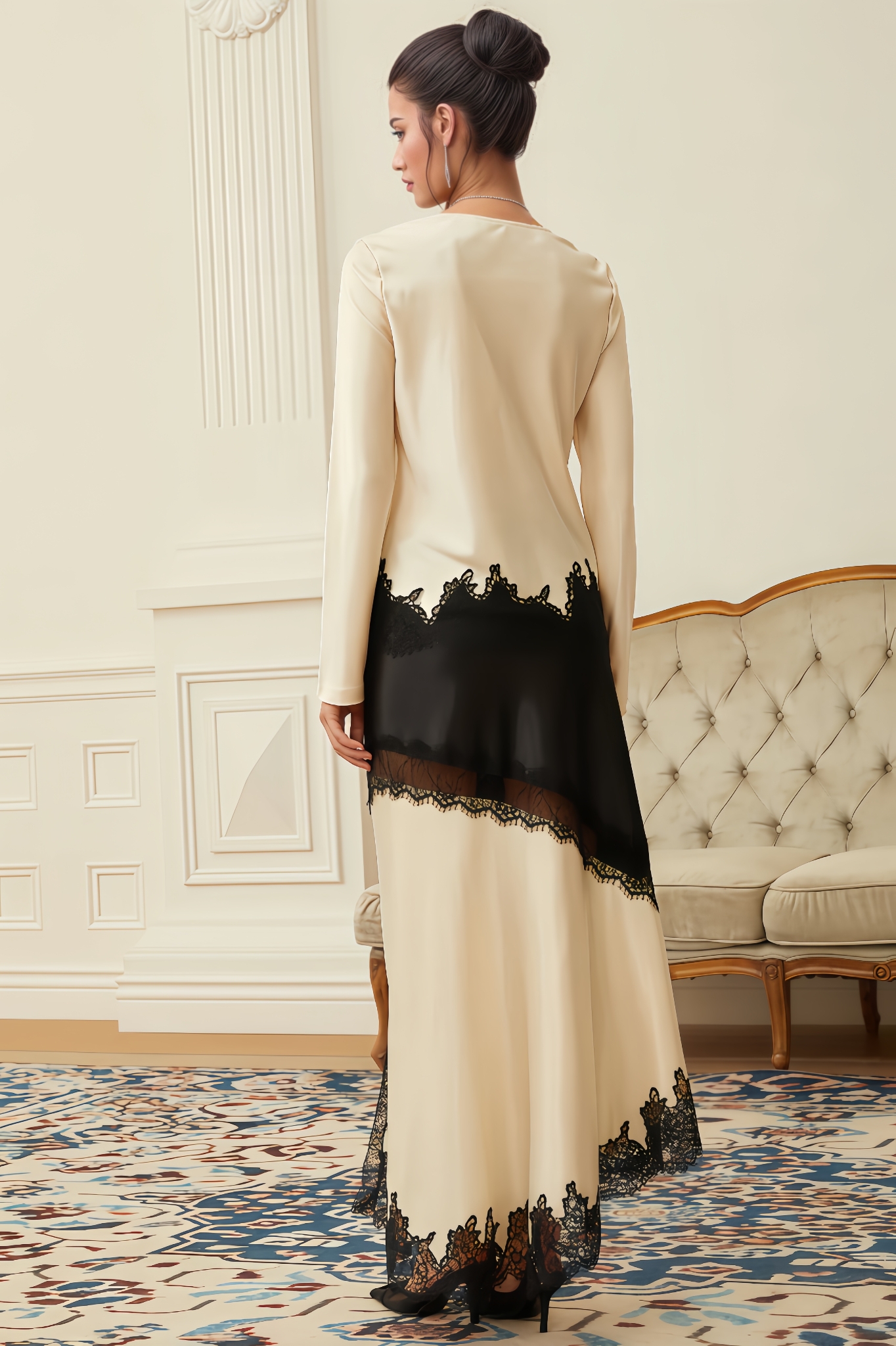 Miaka Lace Panel Satin Blouse & Skirt Set