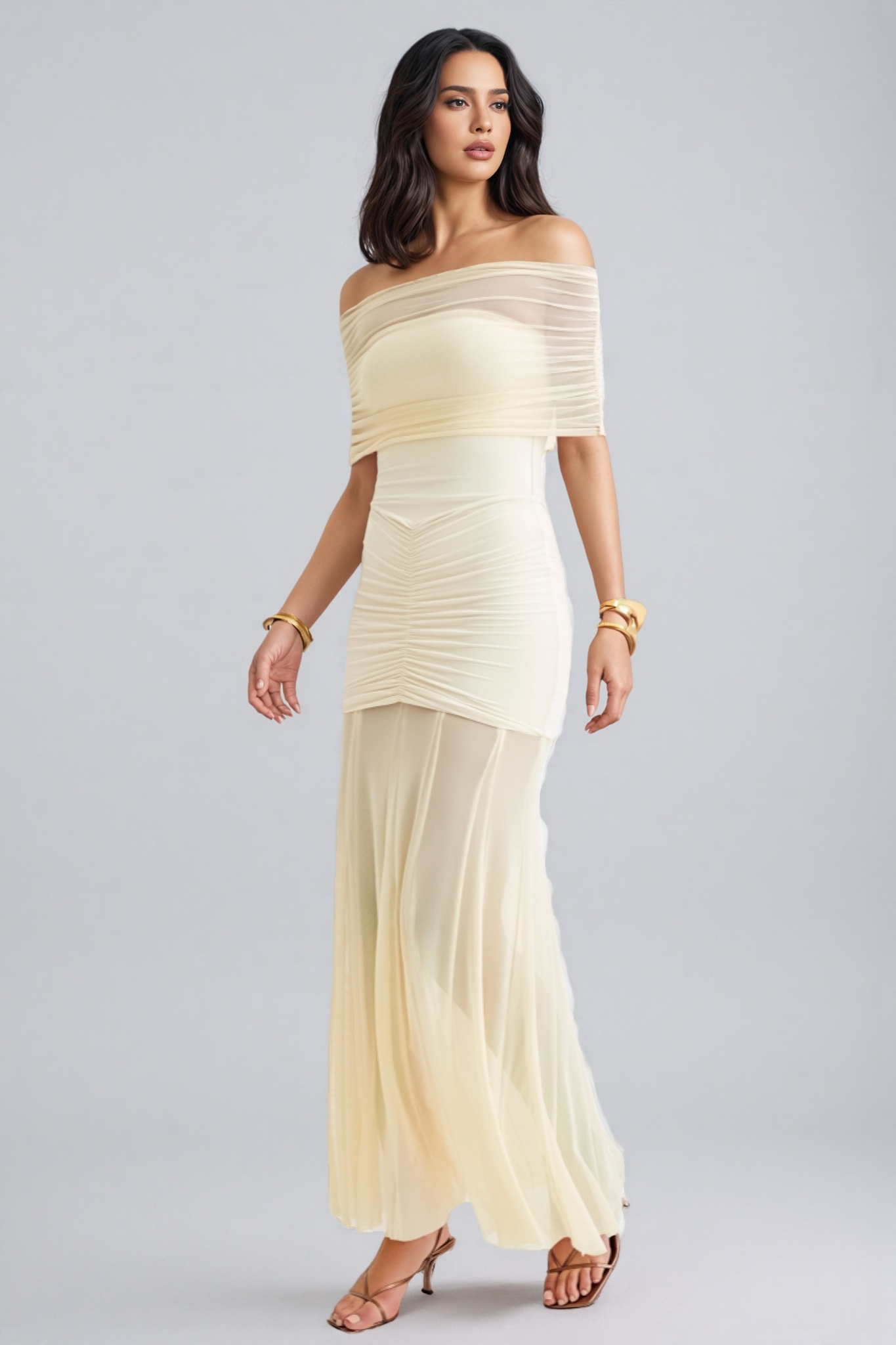 Vashad White Mesh Off Shoulder Maxi Dress