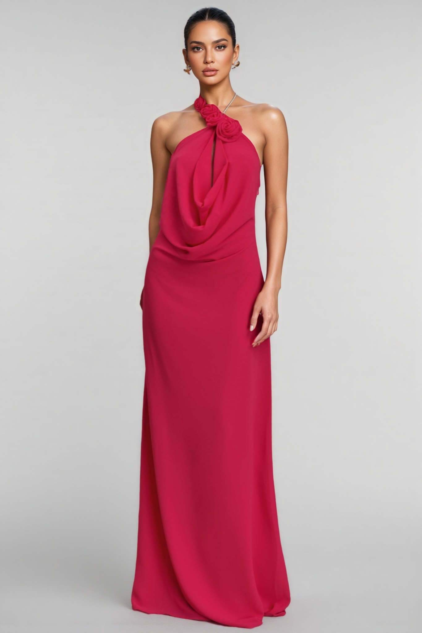 Penel Cowl Neck 3D Flower Maxi Dress