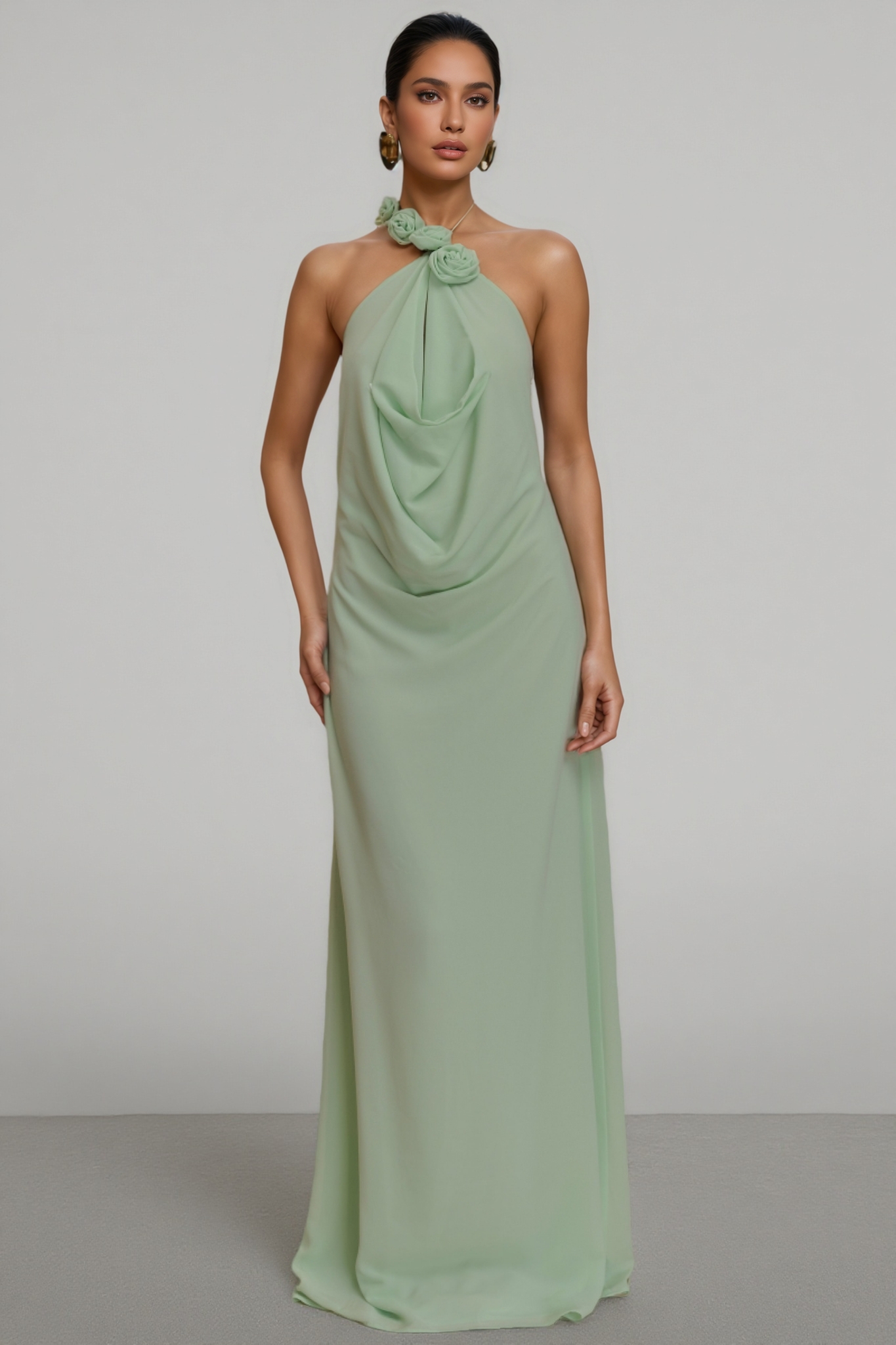 Stellk Green Cowl Neck 3D Flower Maxi Dress