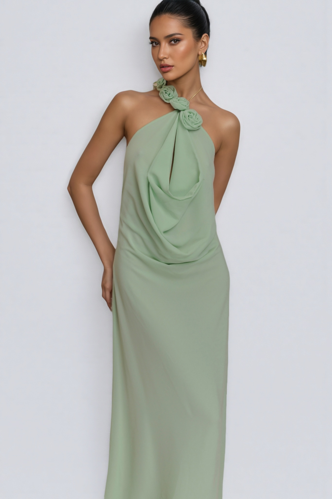 Stellk Green Cowl Neck 3D Flower Maxi Dress