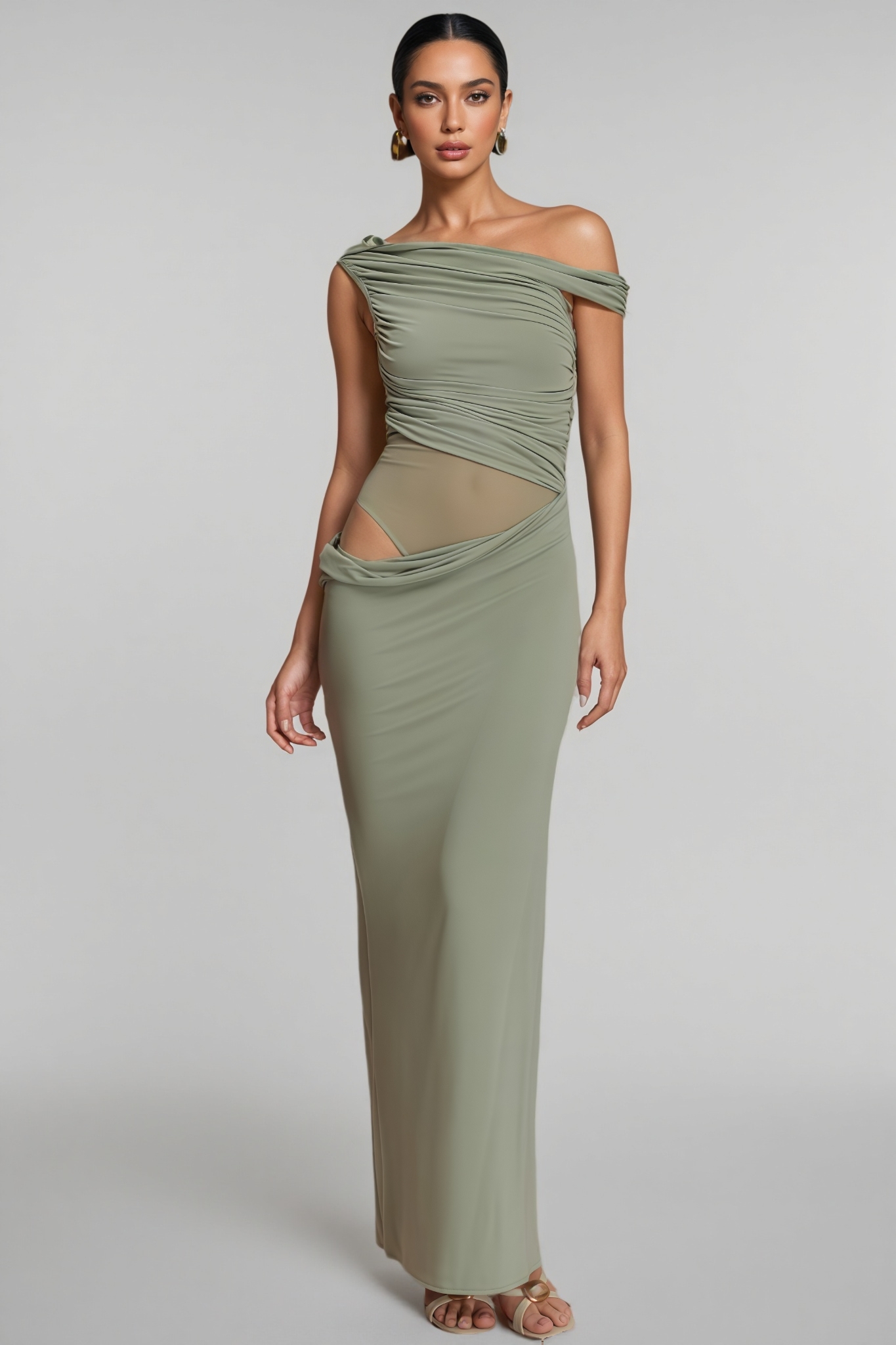 Erynrk Green One Shoulder Slinky Maxi Dress