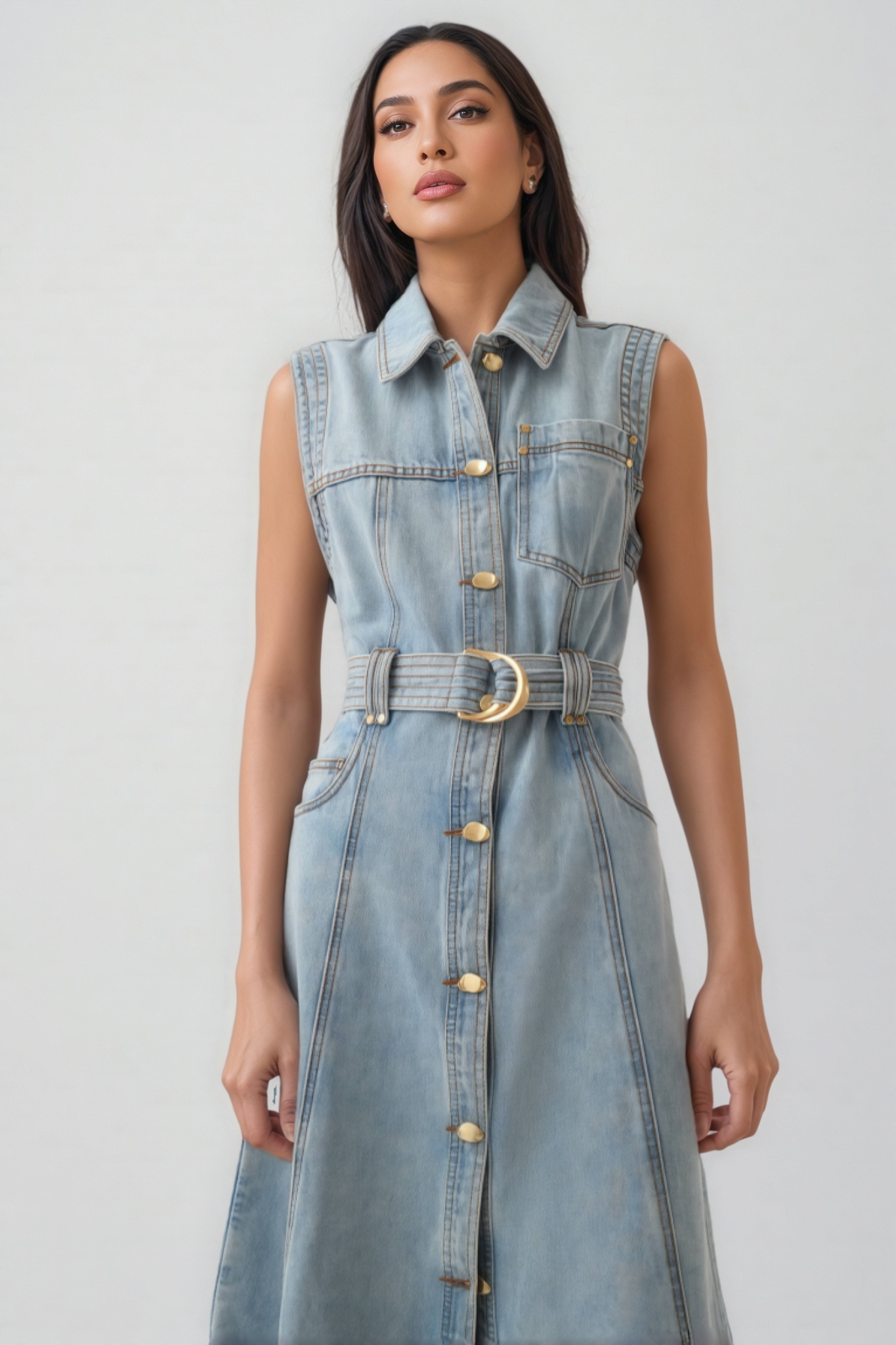 Ivetha Denim Tie-Waist Midi Dress