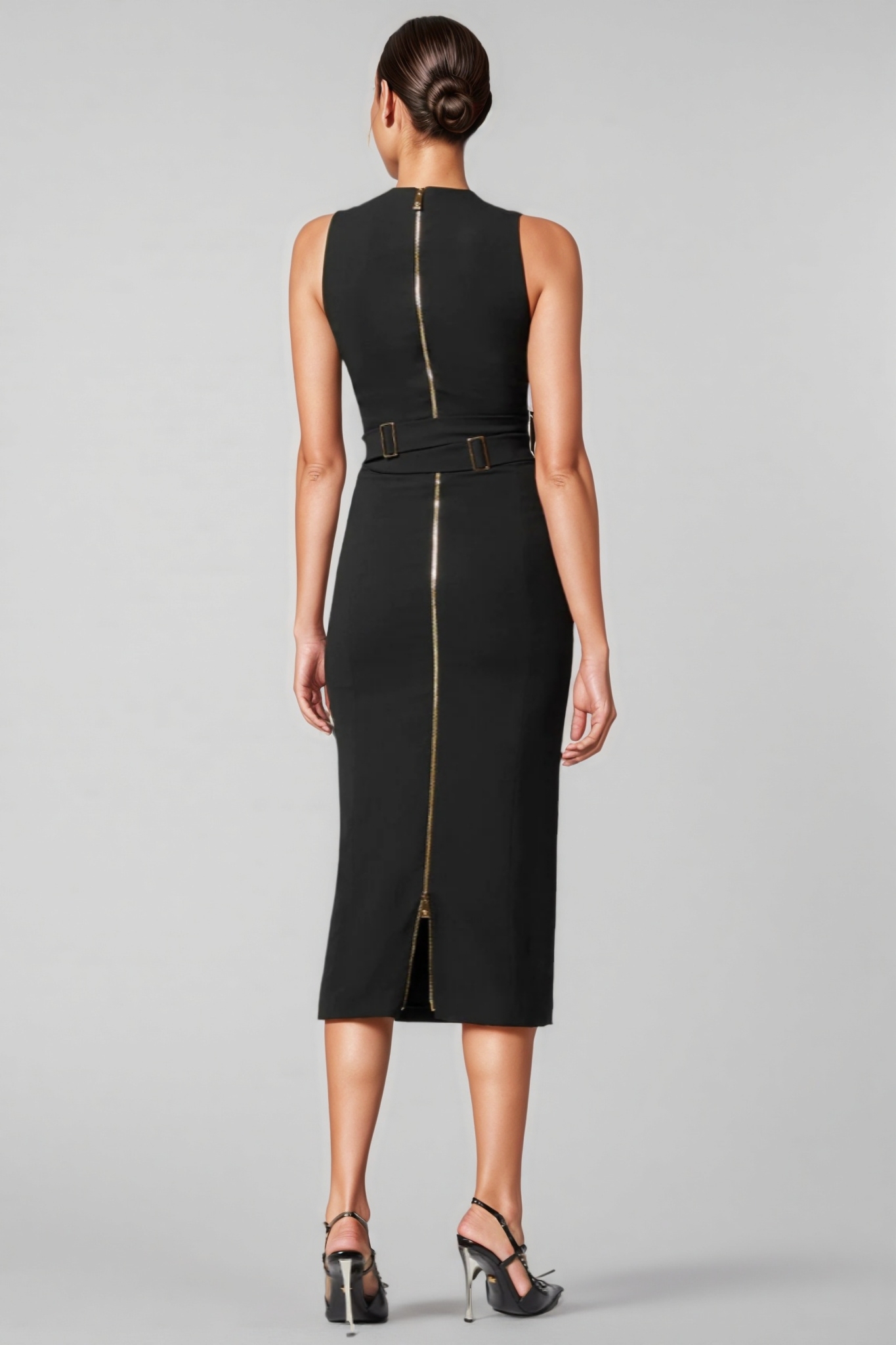 Noric Black V-Neck Bandage Midi Dress