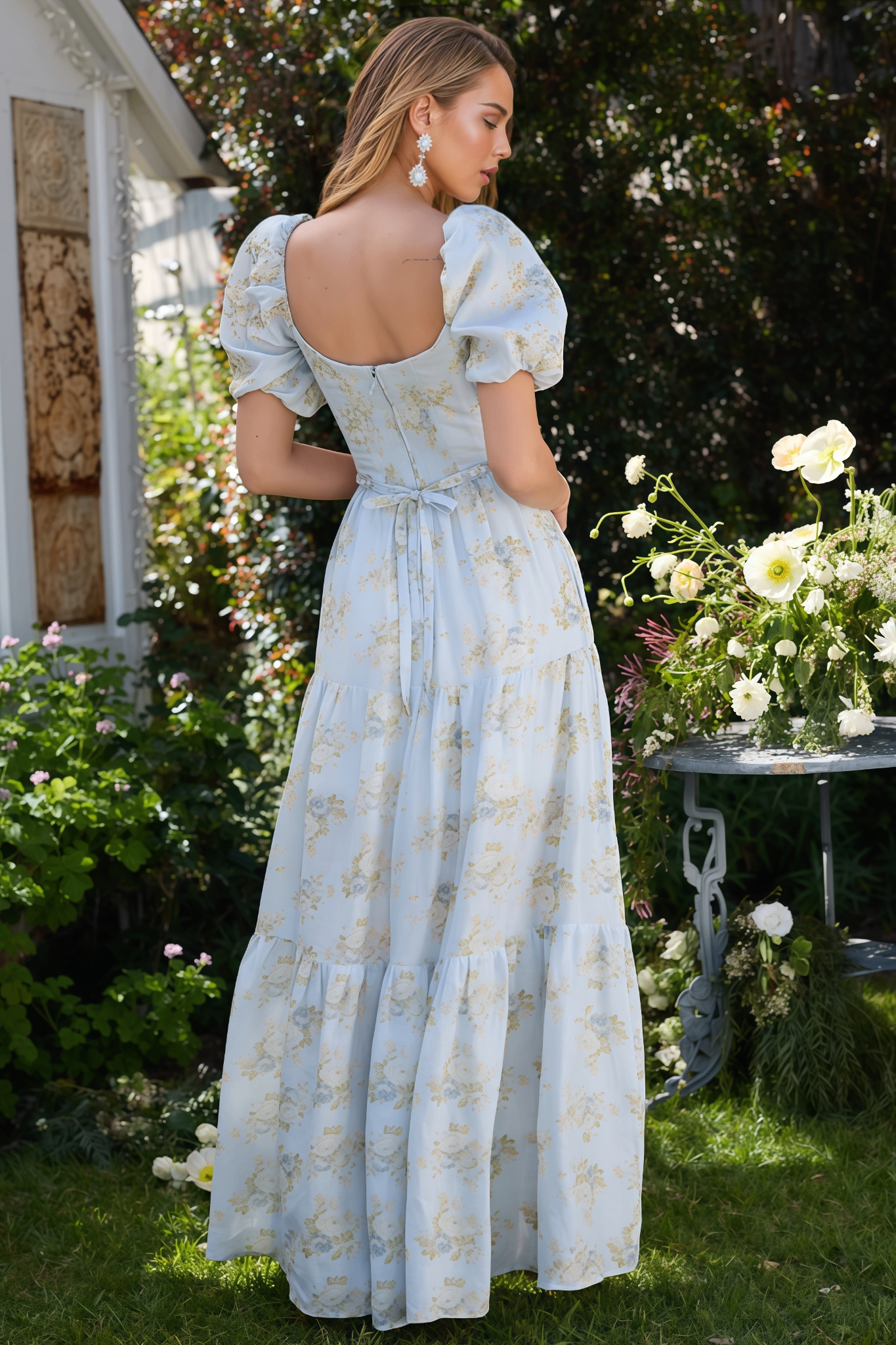 Wrenna Blue Printed V-Neck Maxi Dress