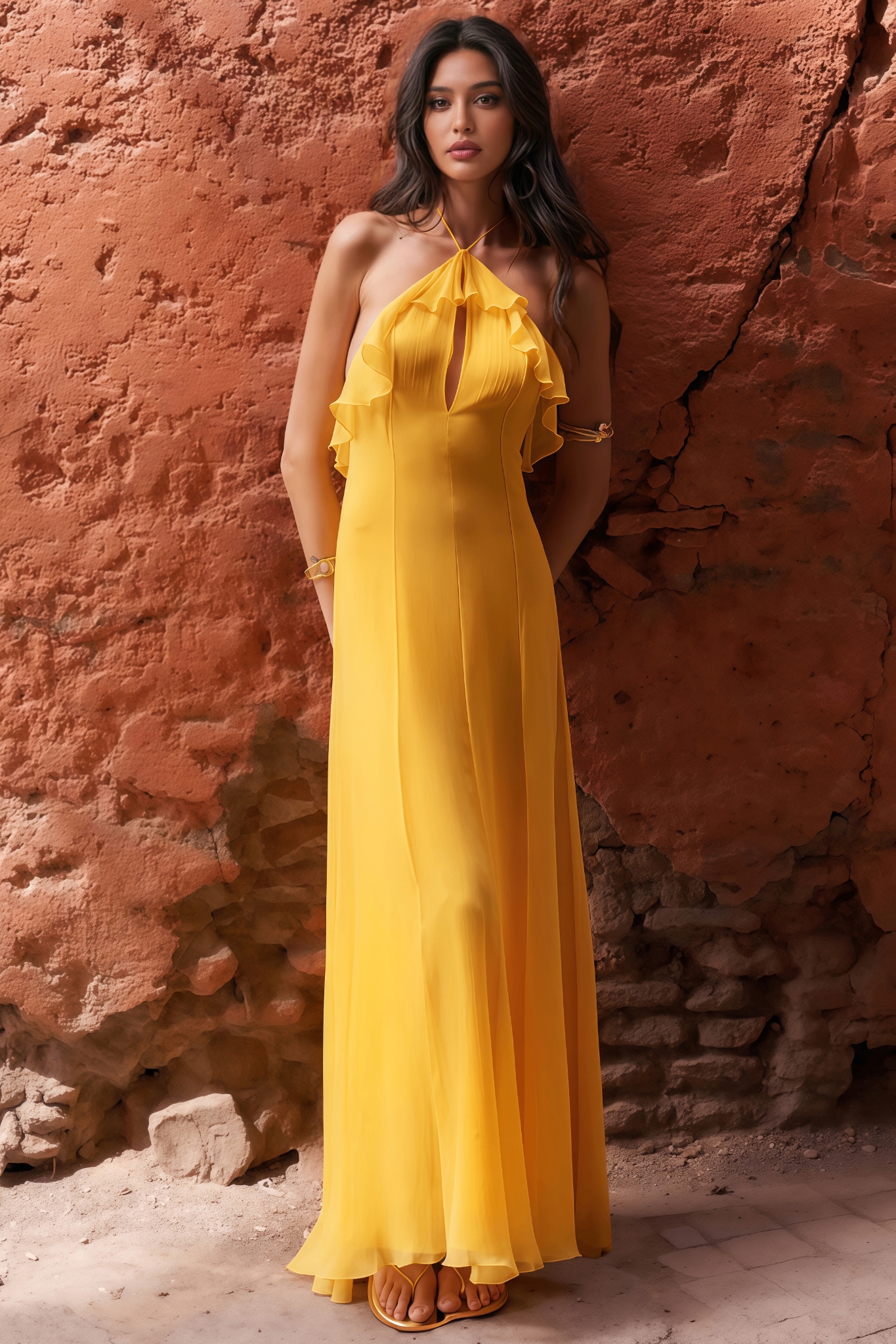 Thadt Yellow Halter Neck Wood Ear Maxi Dress