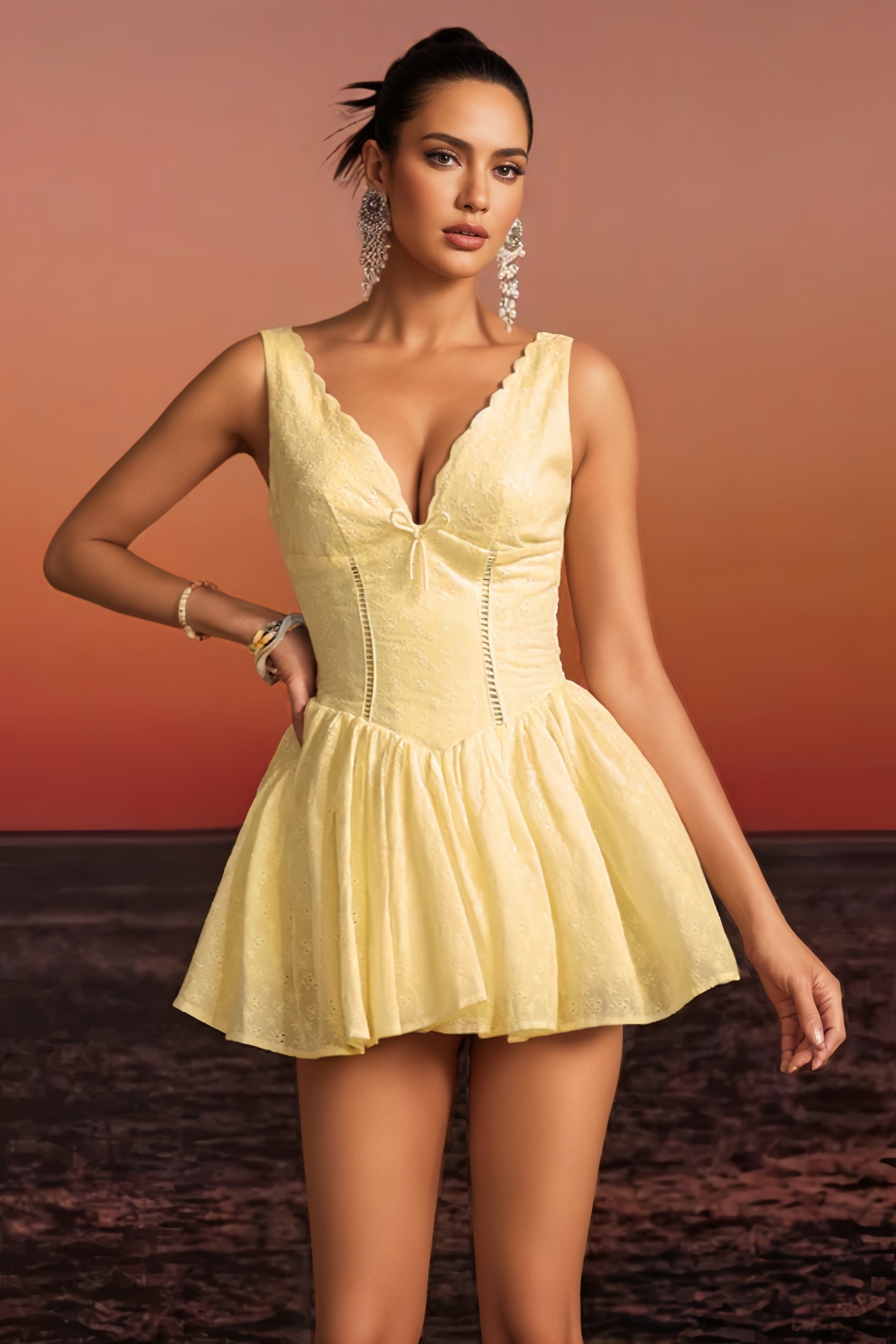 Rowtly Yellow Anglaise Bow A-Line Mini Dress