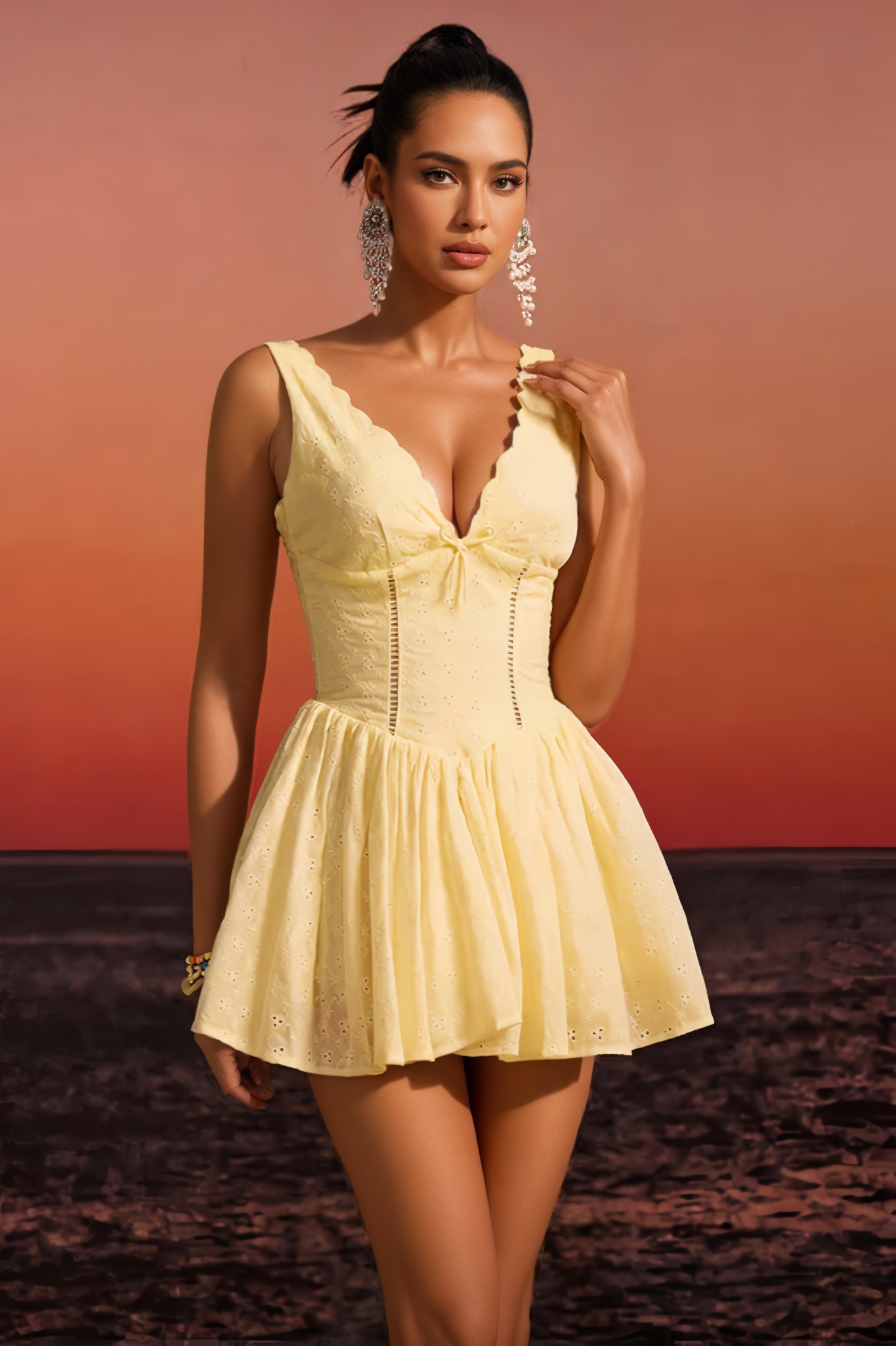 Rowtly Yellow Anglaise Bow A-Line Mini Dress