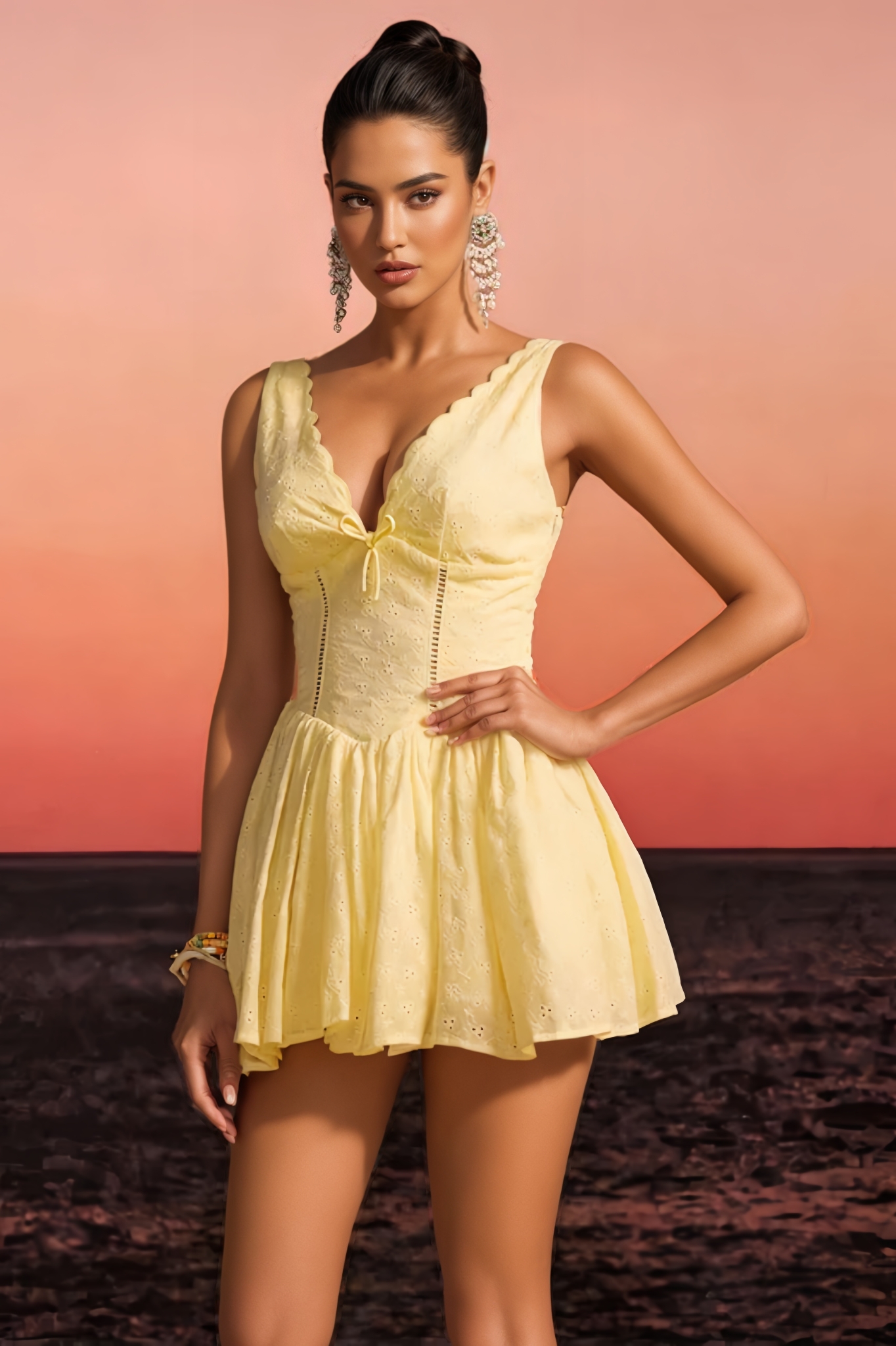 Rowtly Yellow Anglaise Bow A-Line Mini Dress