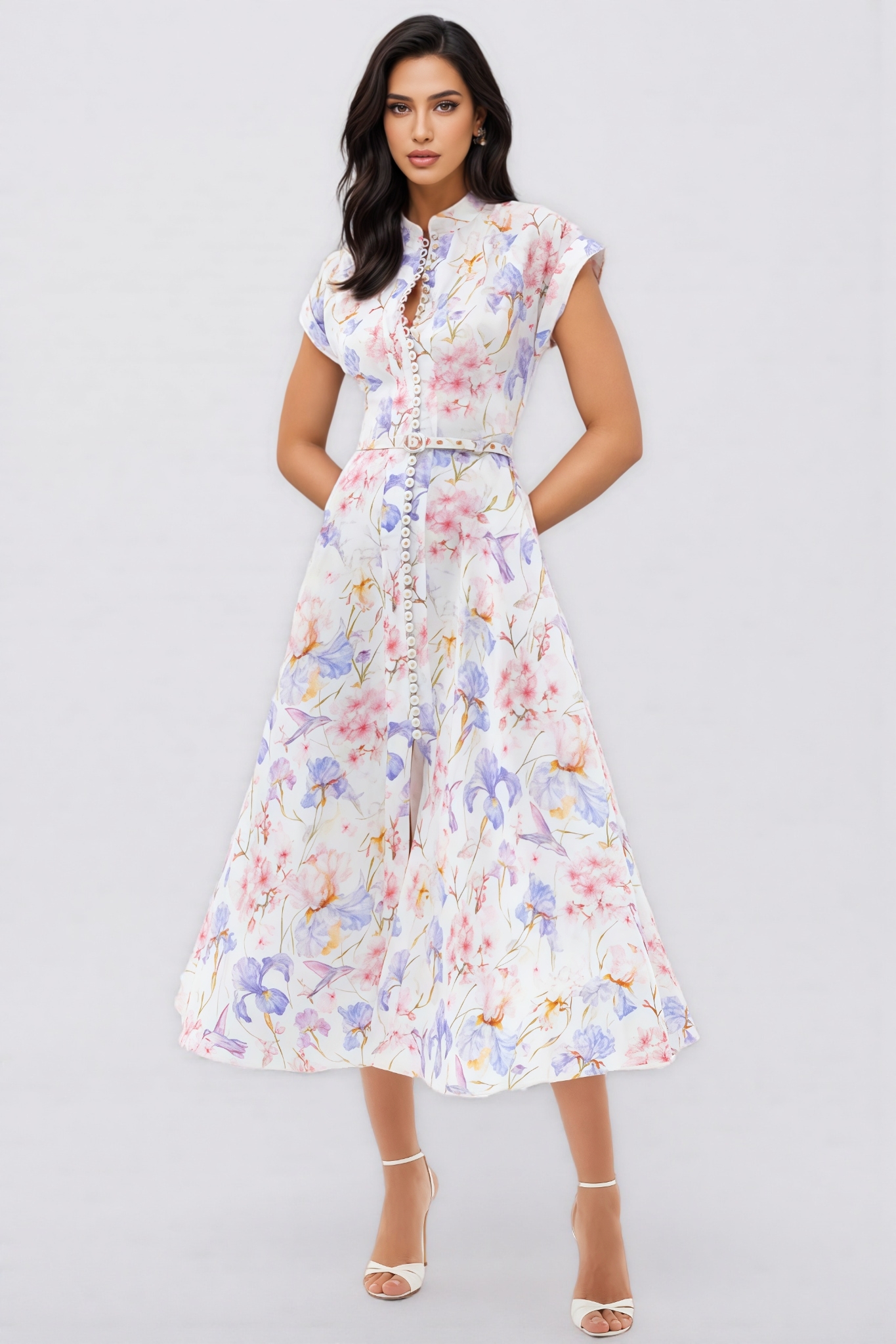 Norif Round Neck Button Print Midi Dress
