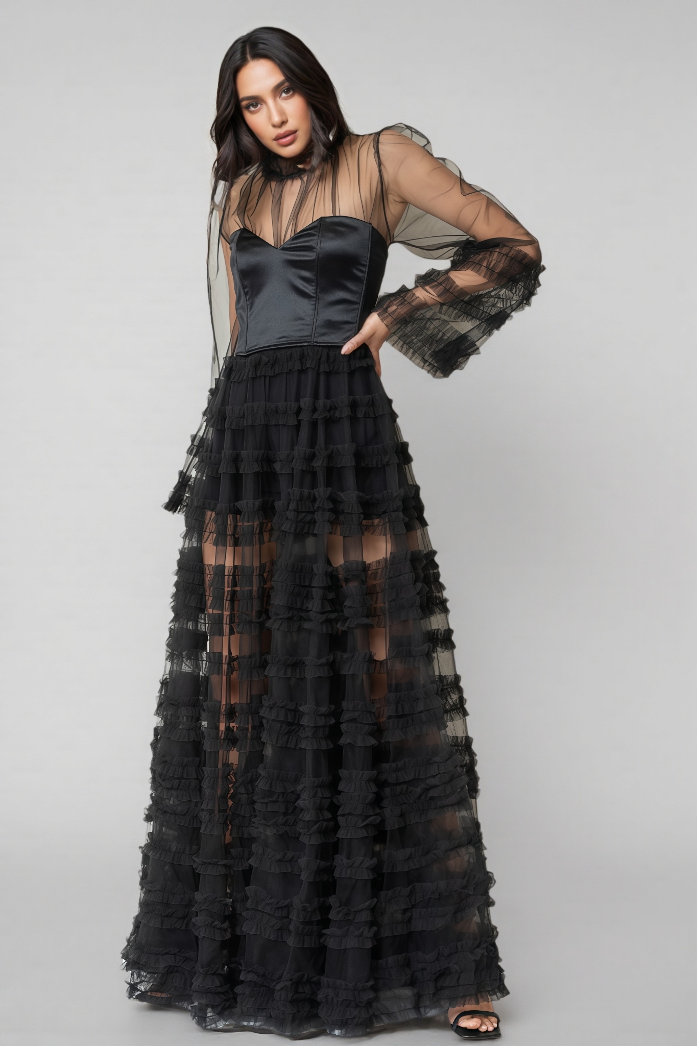 Thora Sheer Black Ruffled Maxi Dress