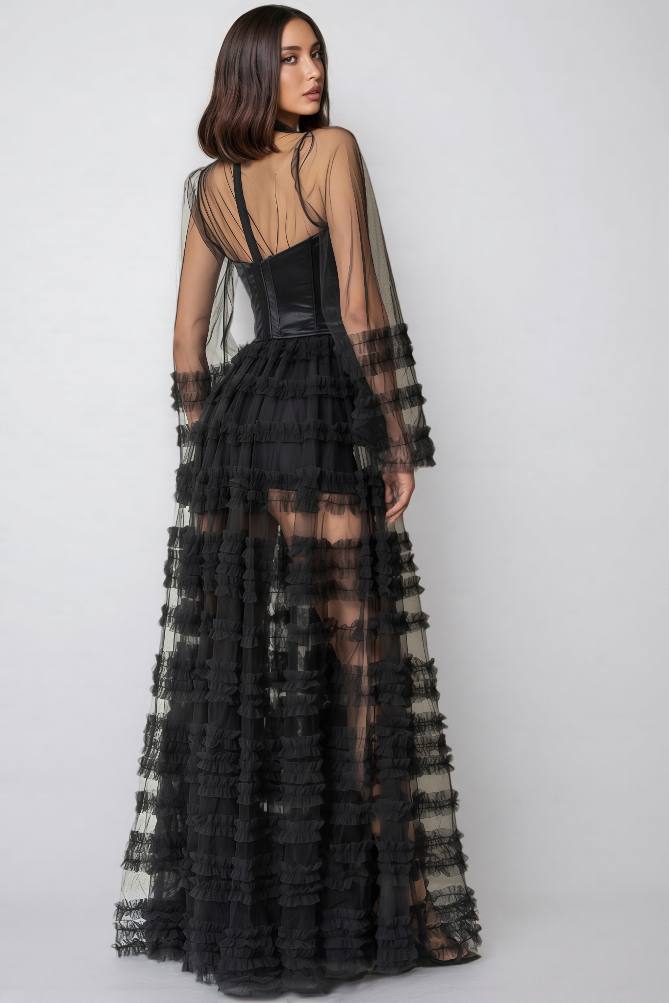 Thora Sheer Black Ruffled Maxi Dress