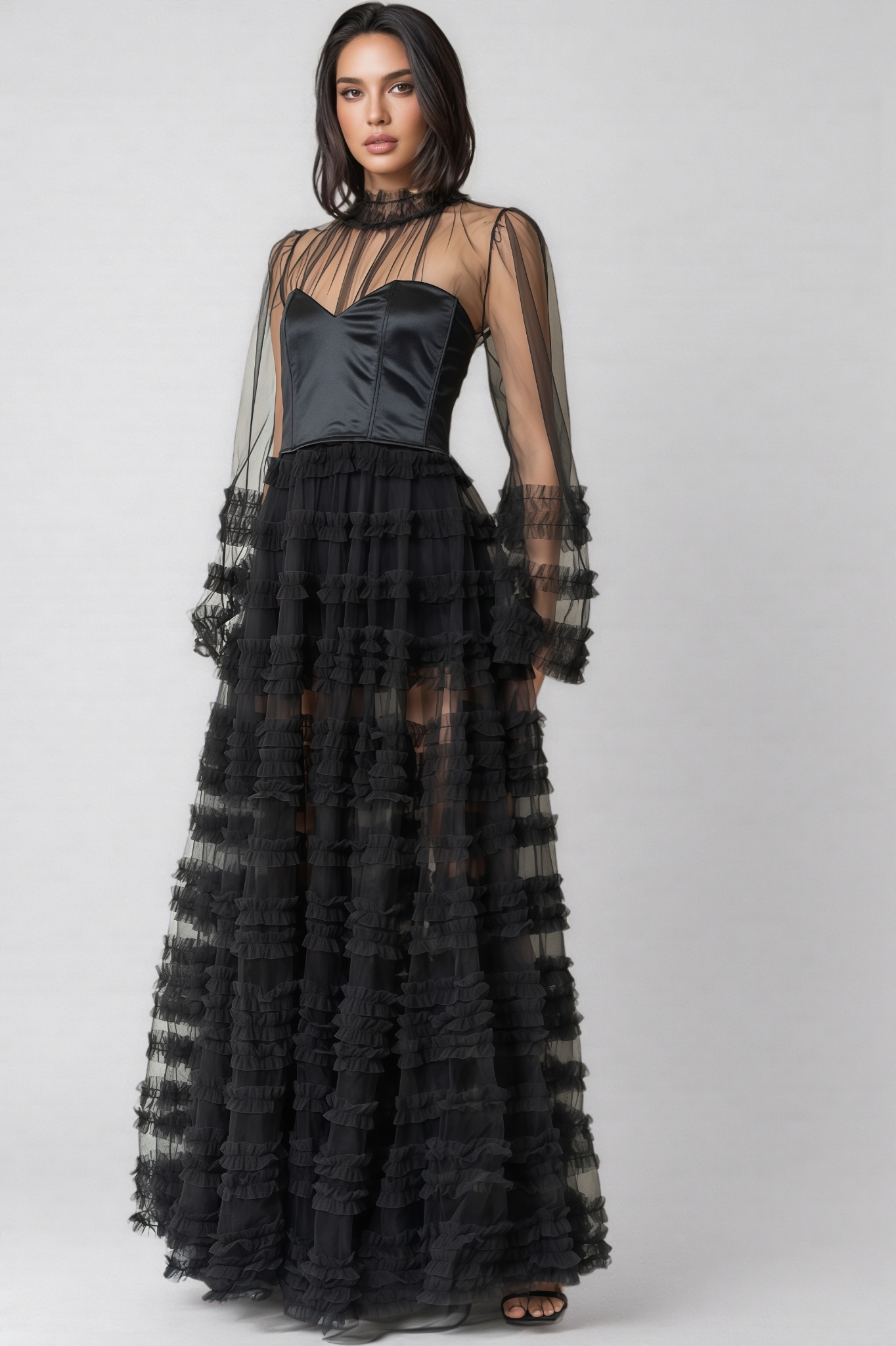 Thora Sheer Black Ruffled Maxi Dress