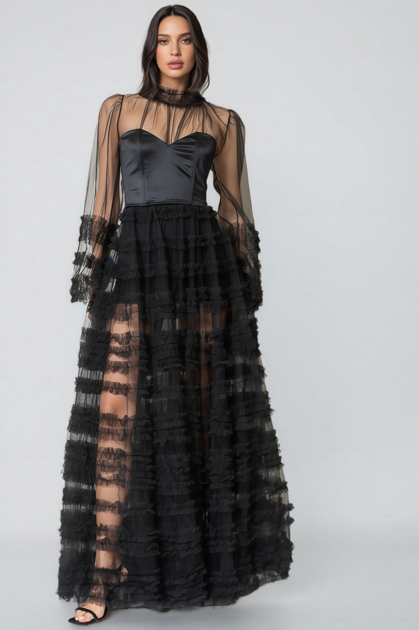 Thora Sheer Black Ruffled Maxi Dress