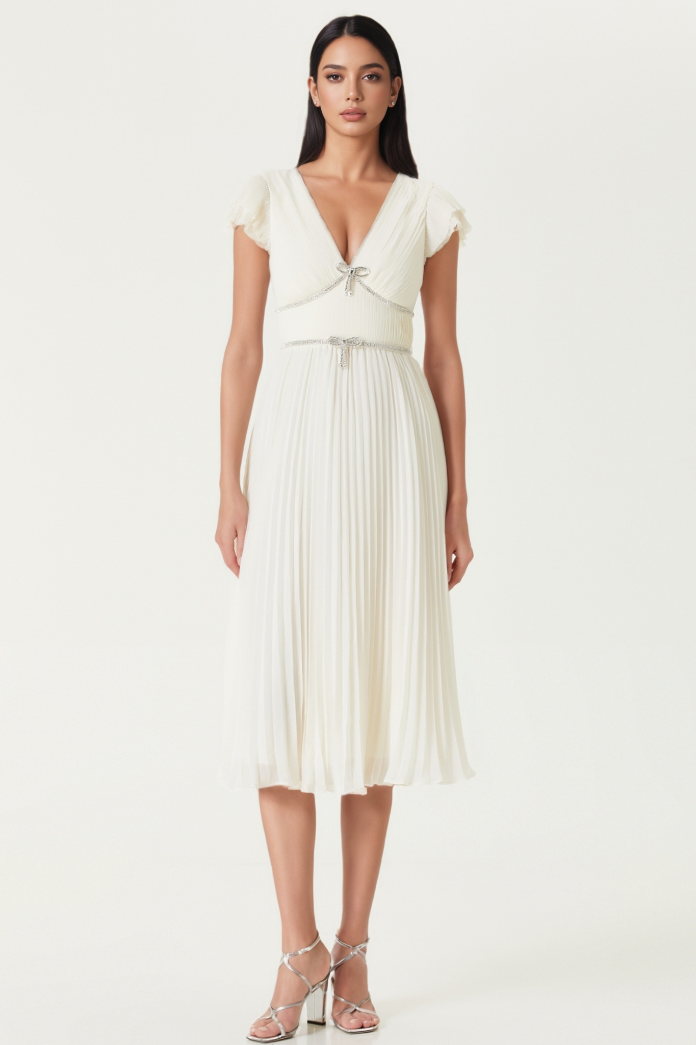 Cynth Bow Pleated Midi Dress