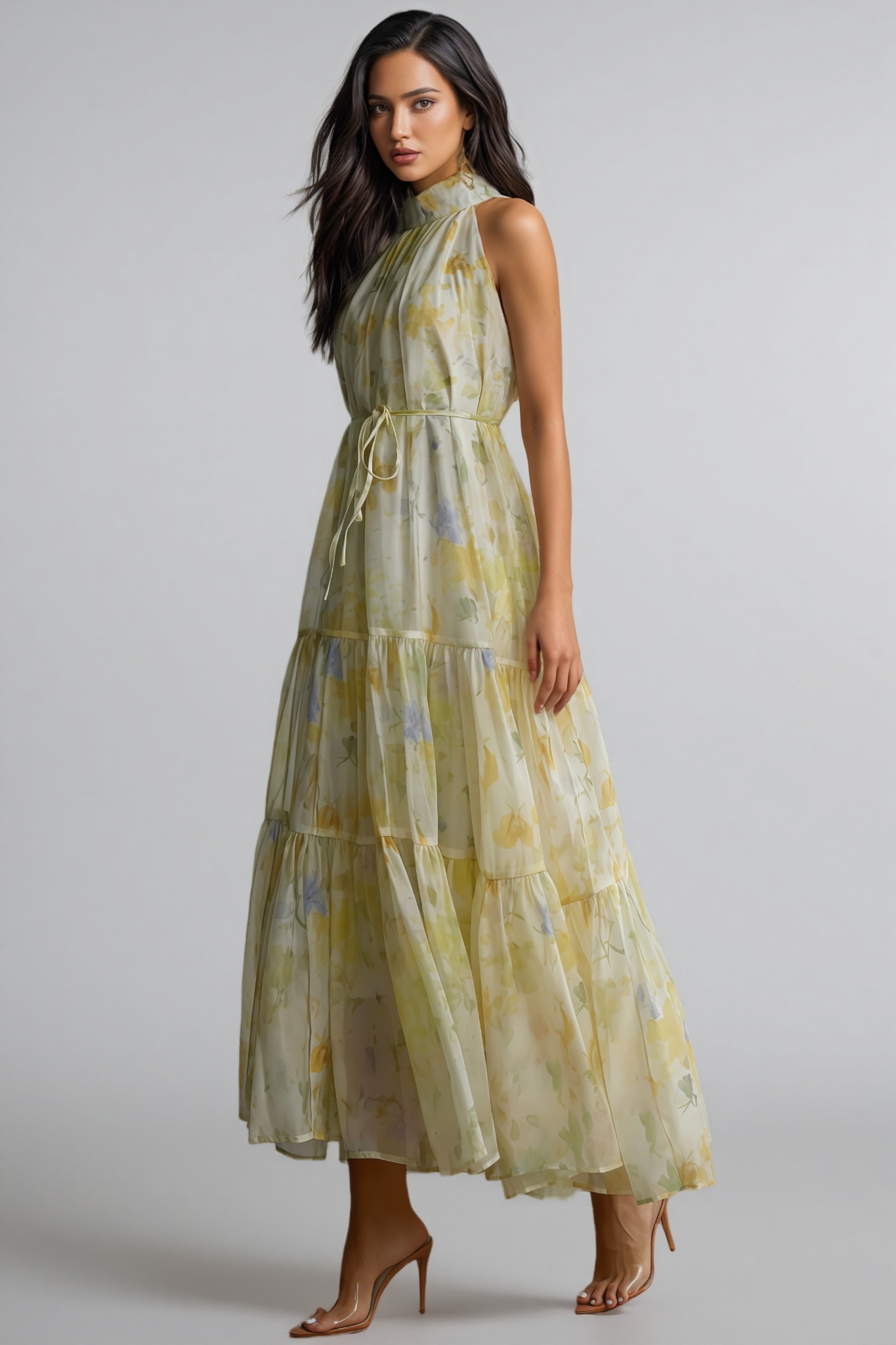 Thornty Yellow Printed Sleeveless Maxi Dress