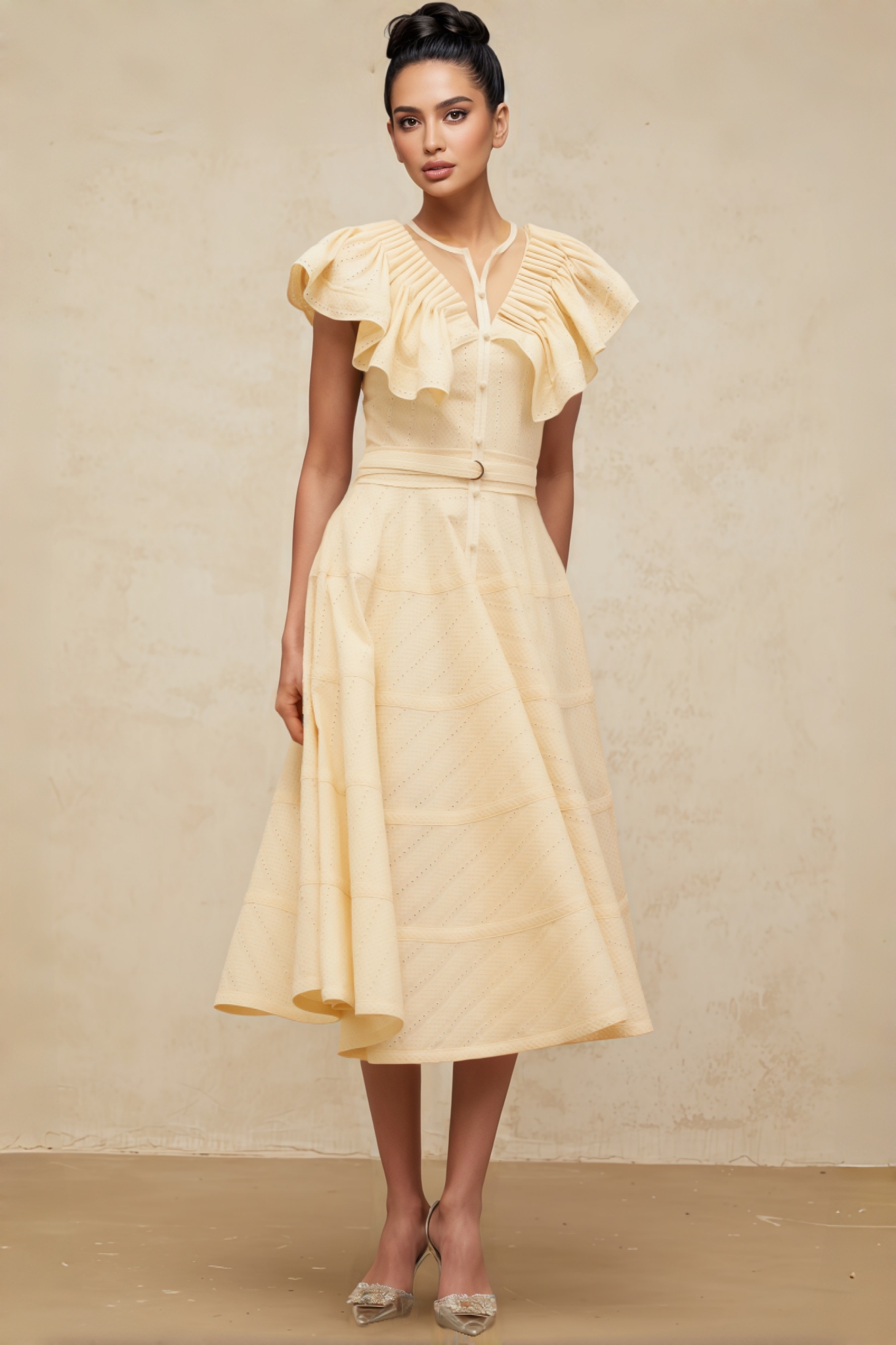 Bren Ruffle V-Neck Midi Dress