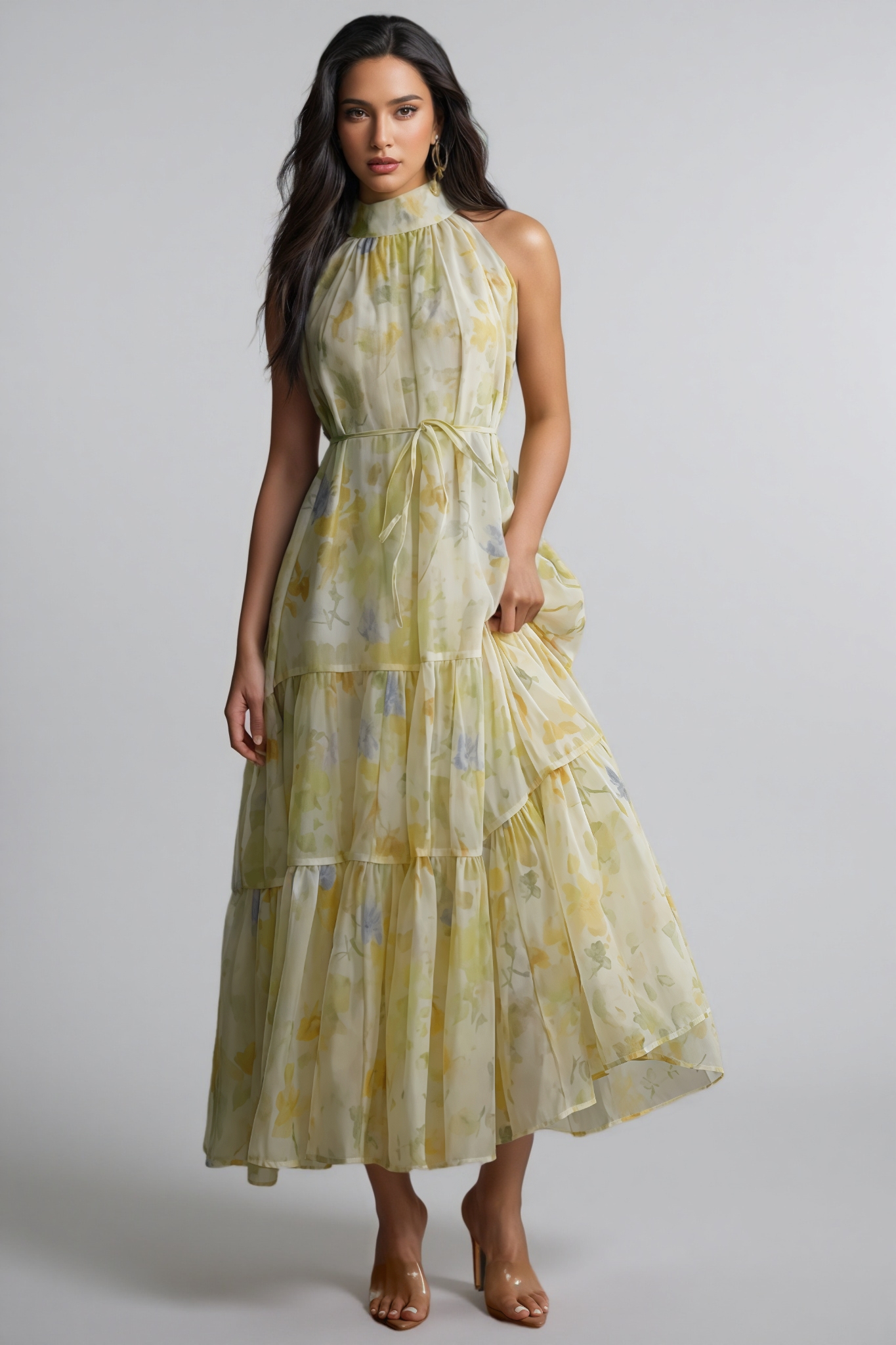 Thornty Yellow Printed Sleeveless Maxi Dress