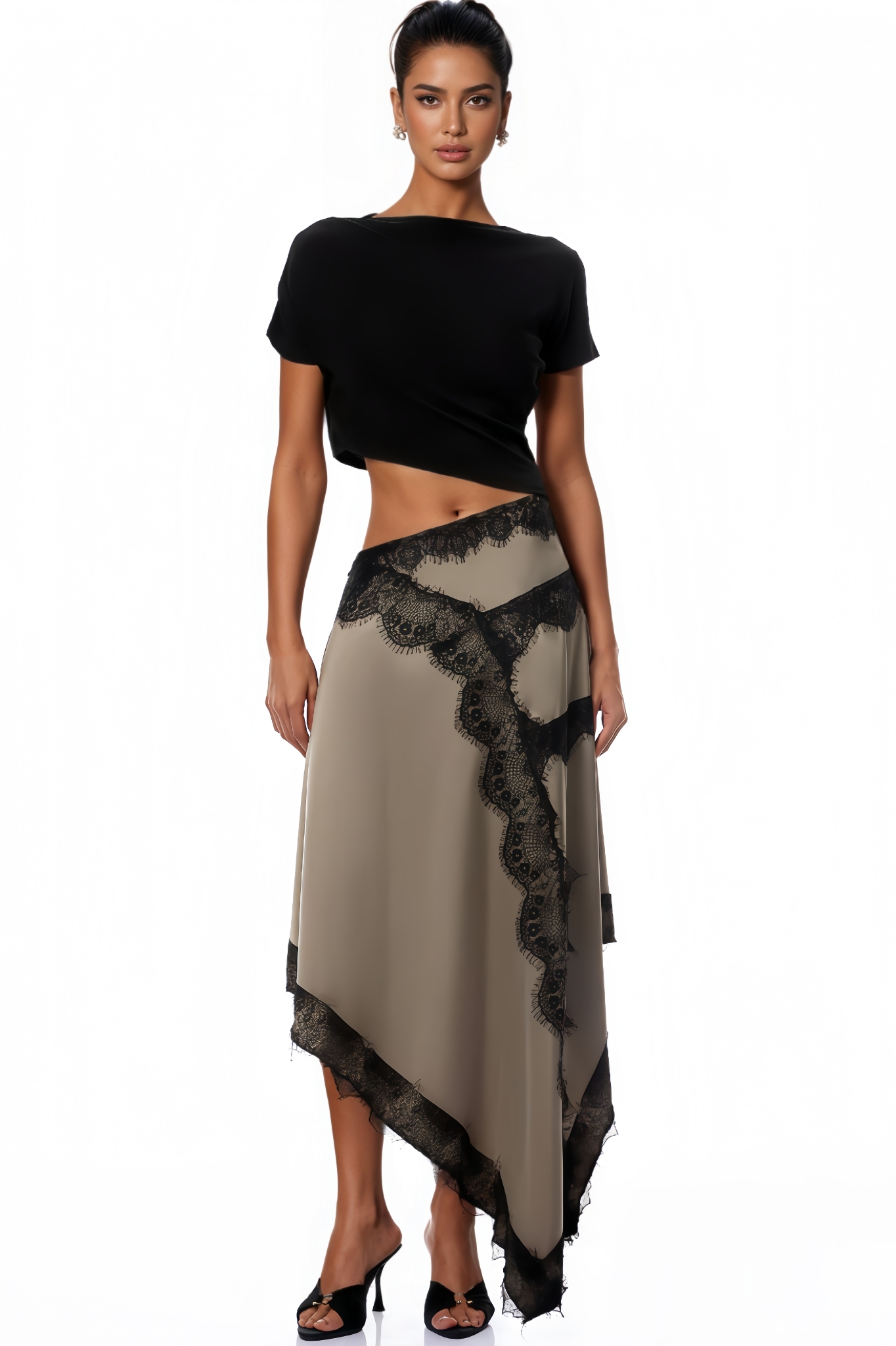 Pisan Black Gathered Lace Panel Maxi Dress