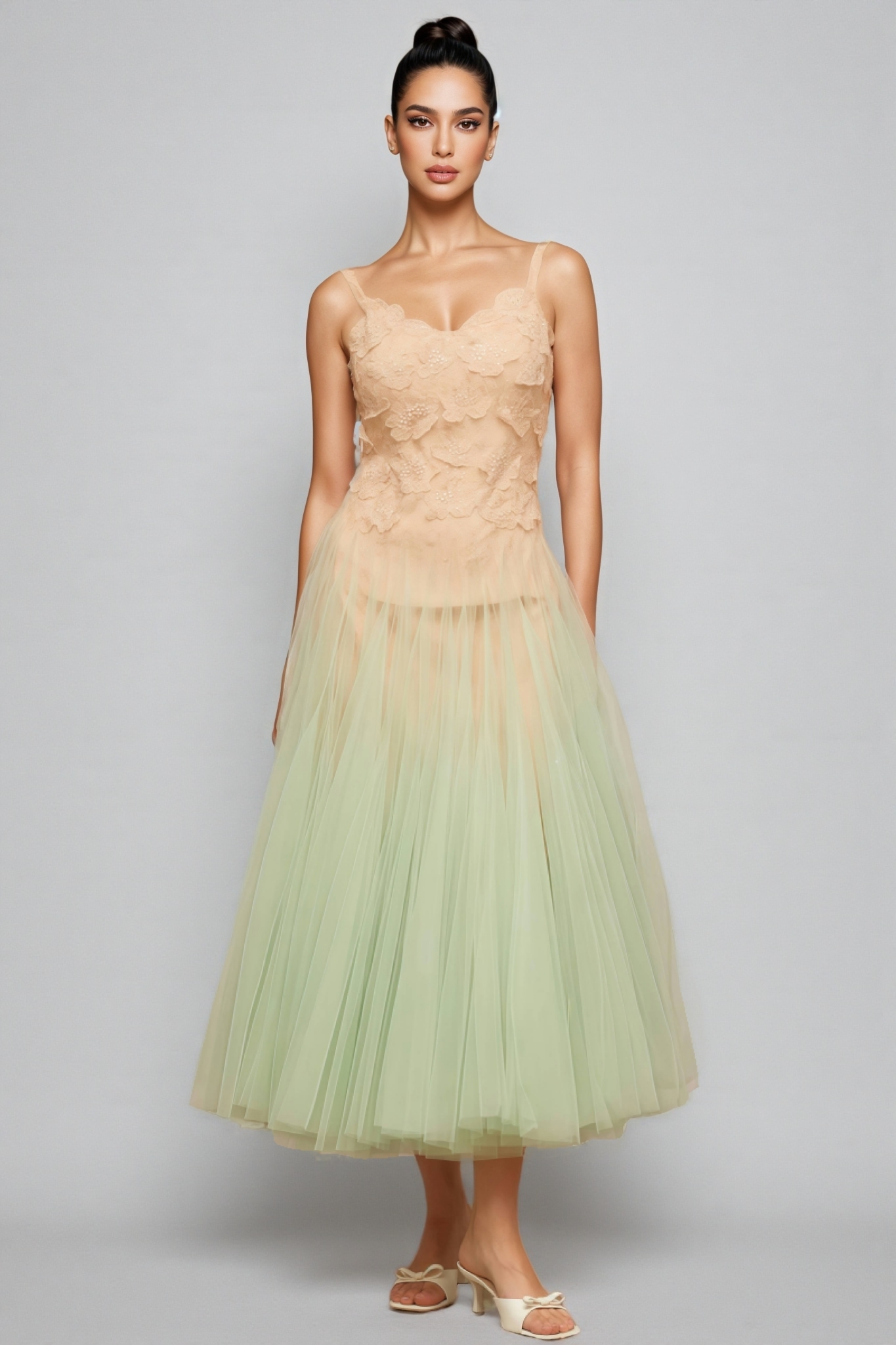 Ylane Halter Mesh Puff Maxi Dress