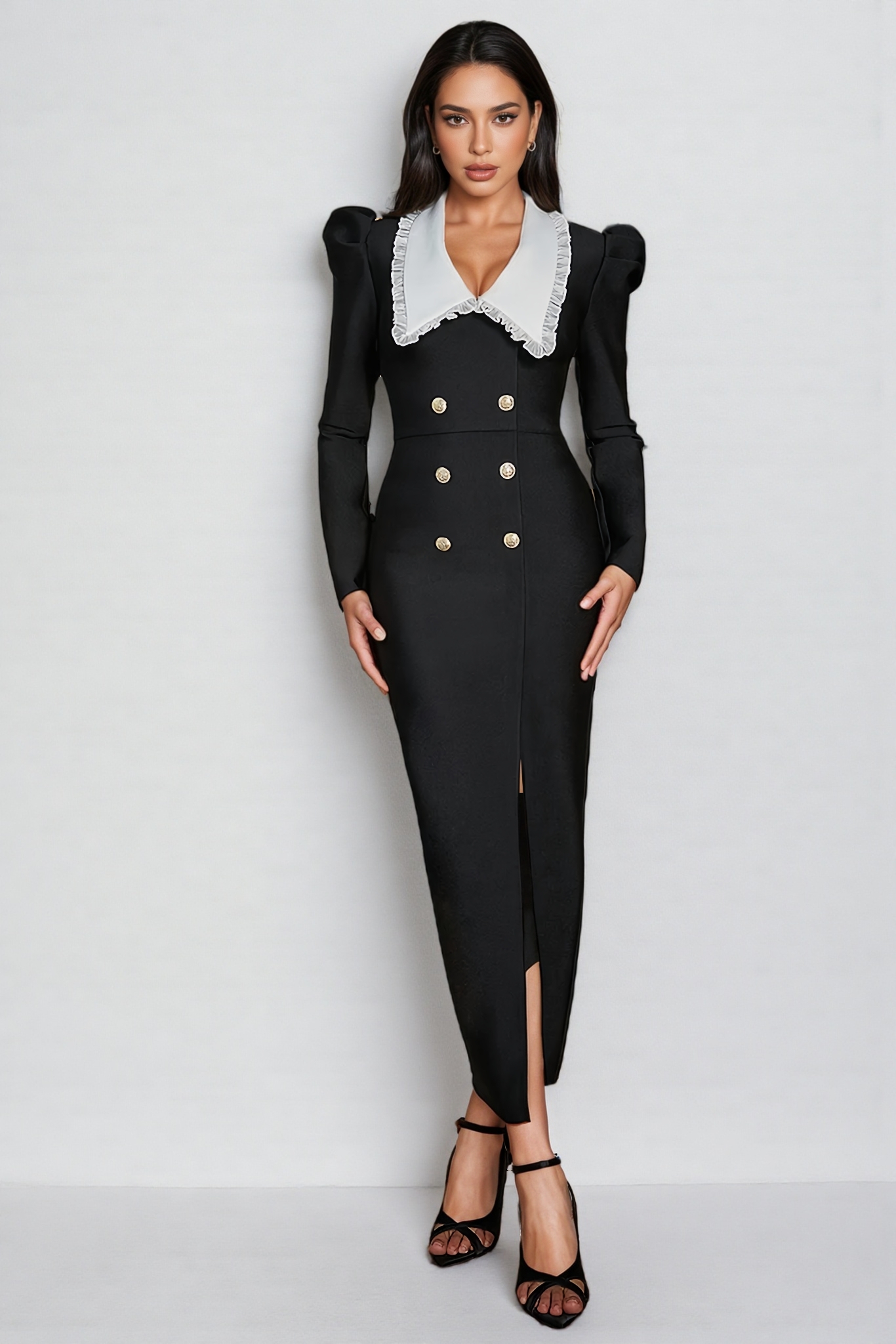 Vori Black Long Sleeve White Lapel Maxi Dress
