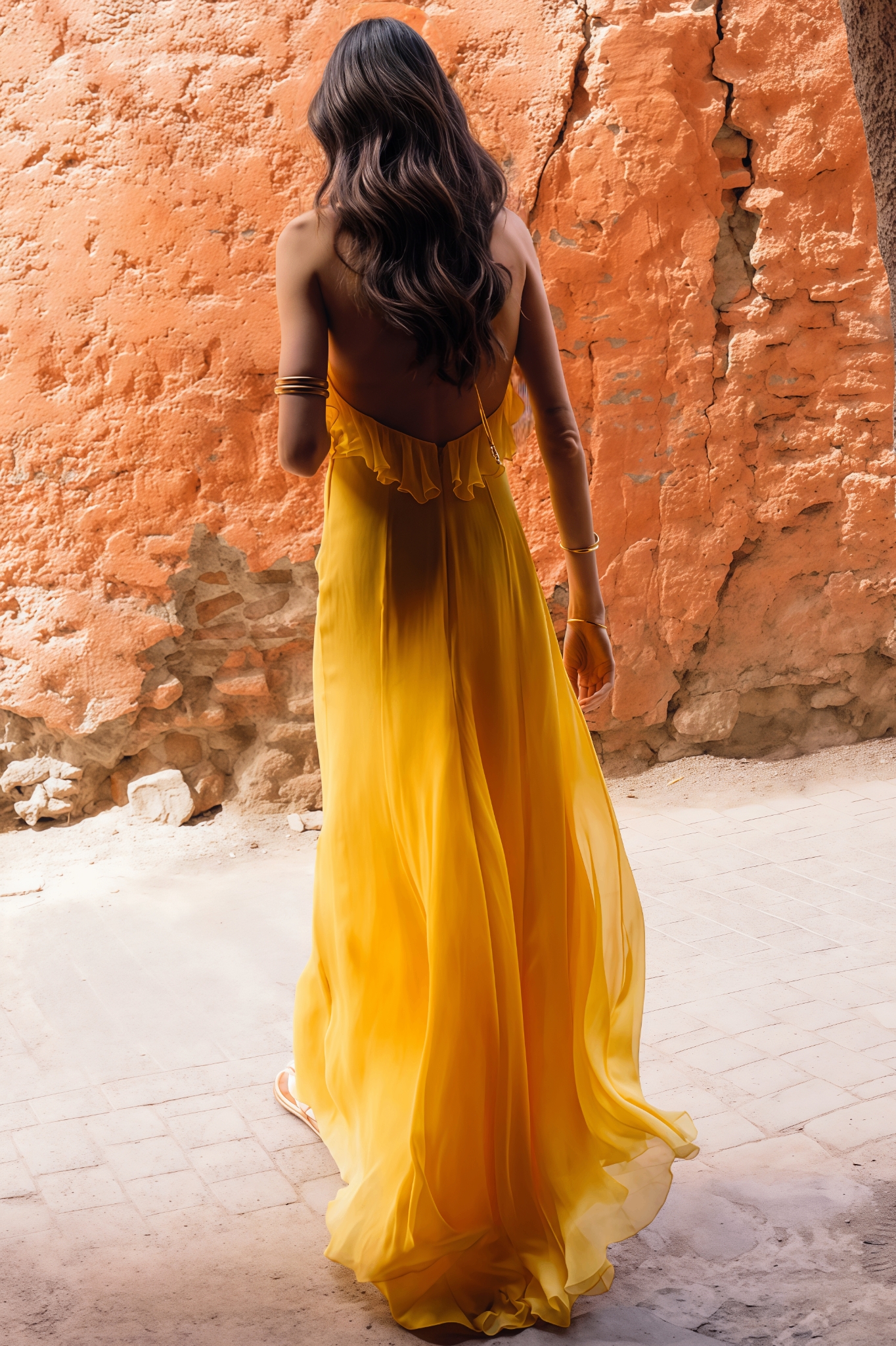Thadt Yellow Halter Neck Wood Ear Maxi Dress