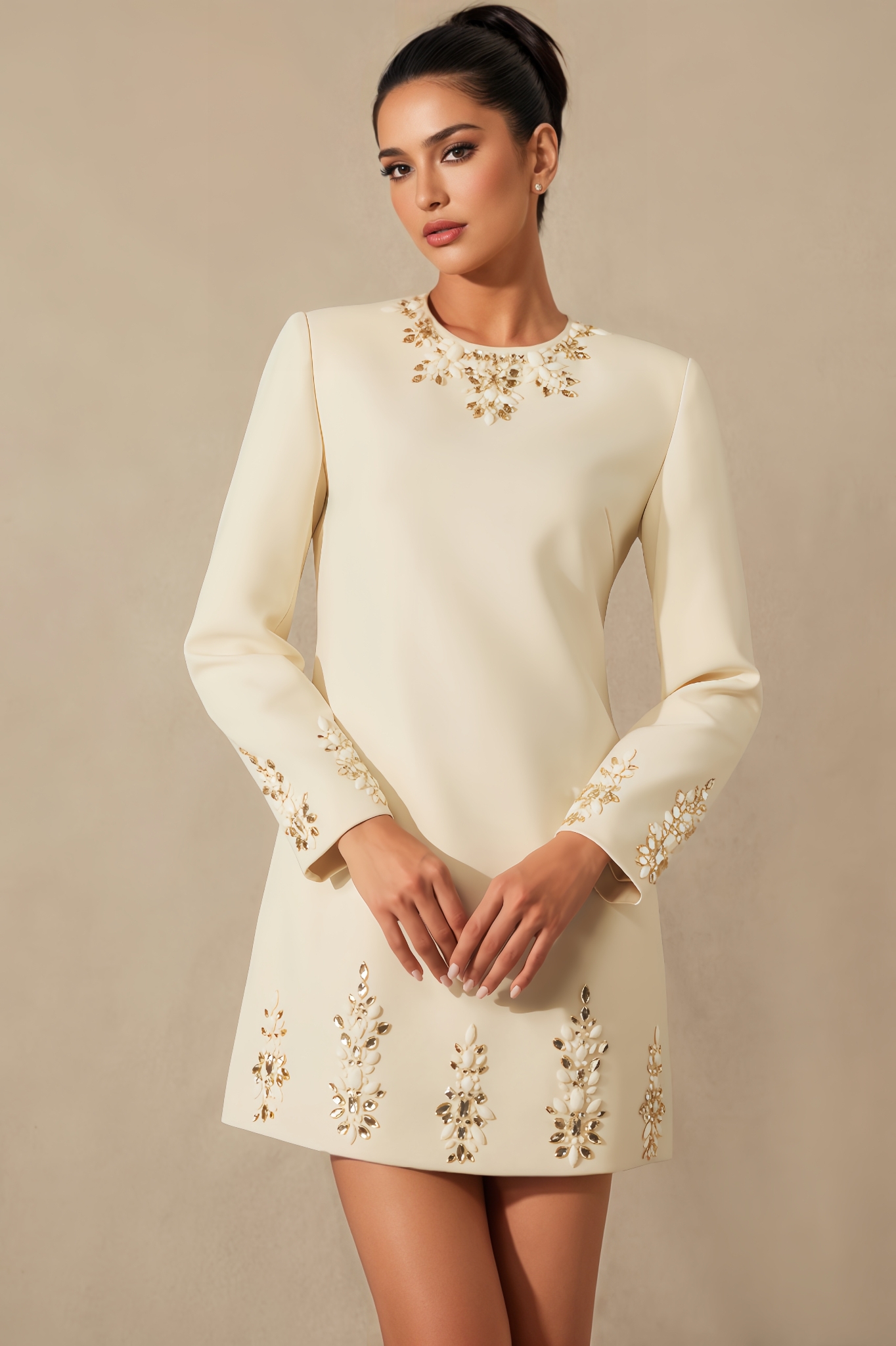 Liore Embellished Neckline Long Sleeve Mini Dress