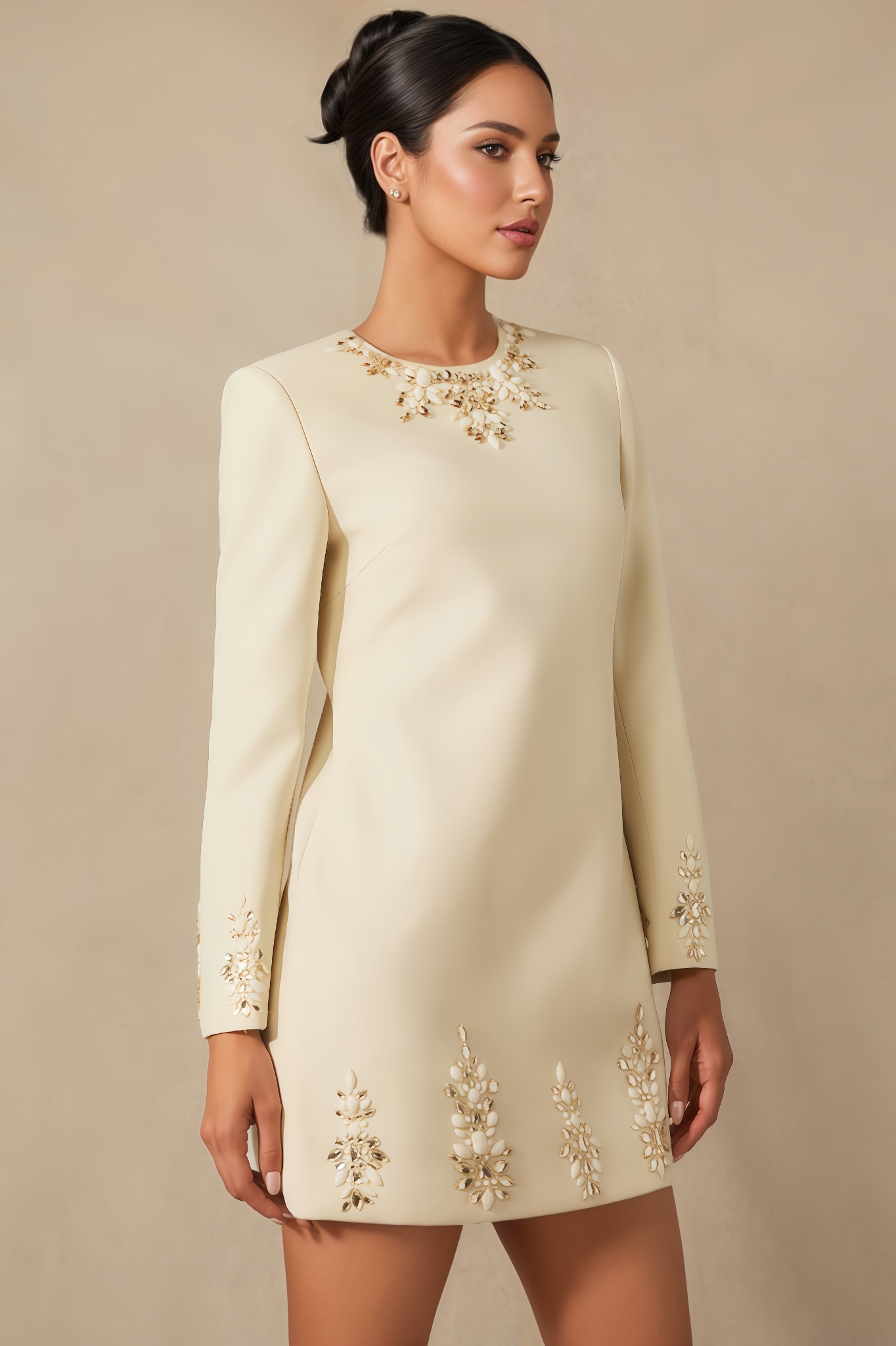 Liore Embellished Neckline Long Sleeve Mini Dress