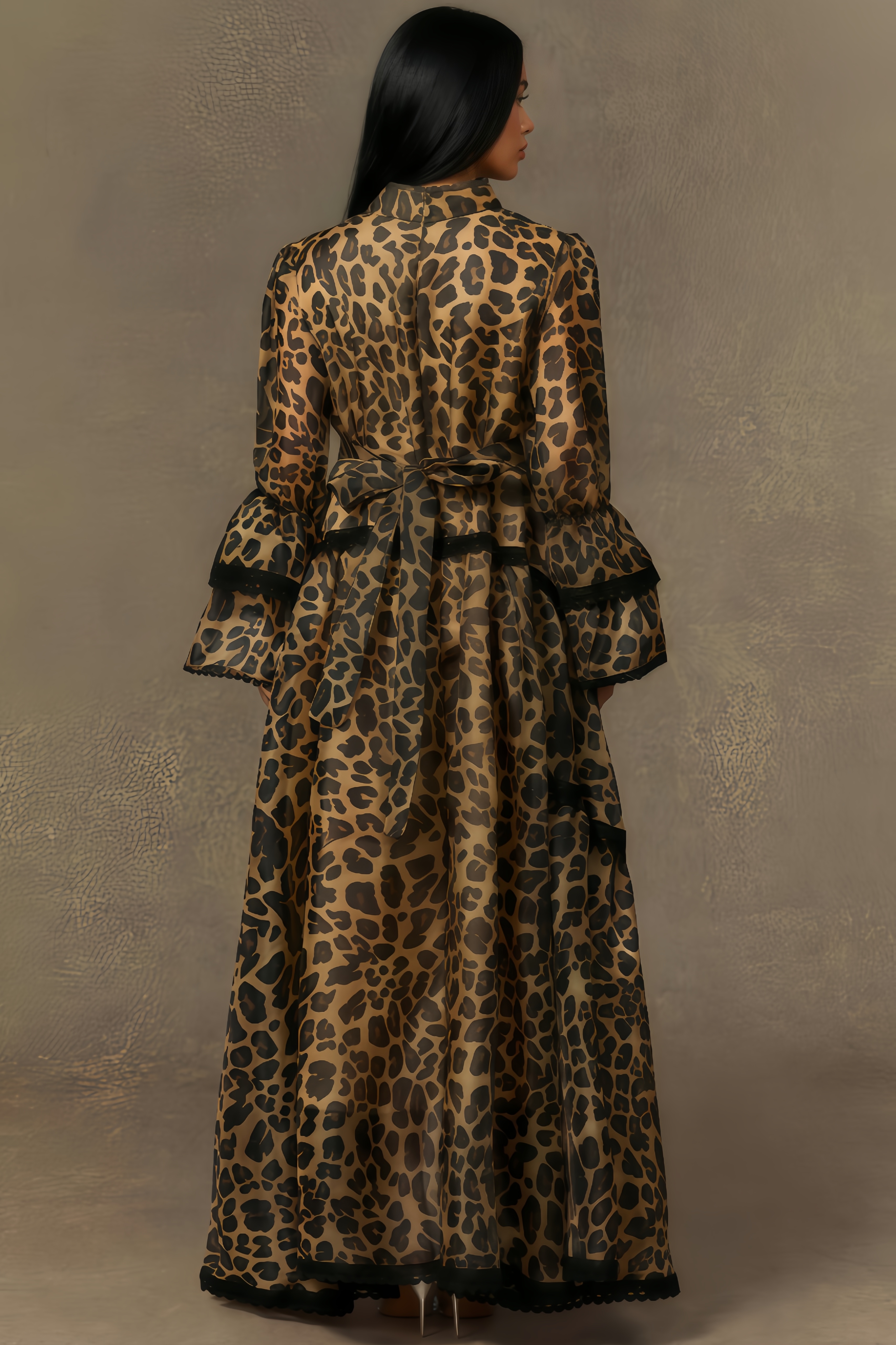 Amara Brown Leopard Print Lace Trim Maxi Dress