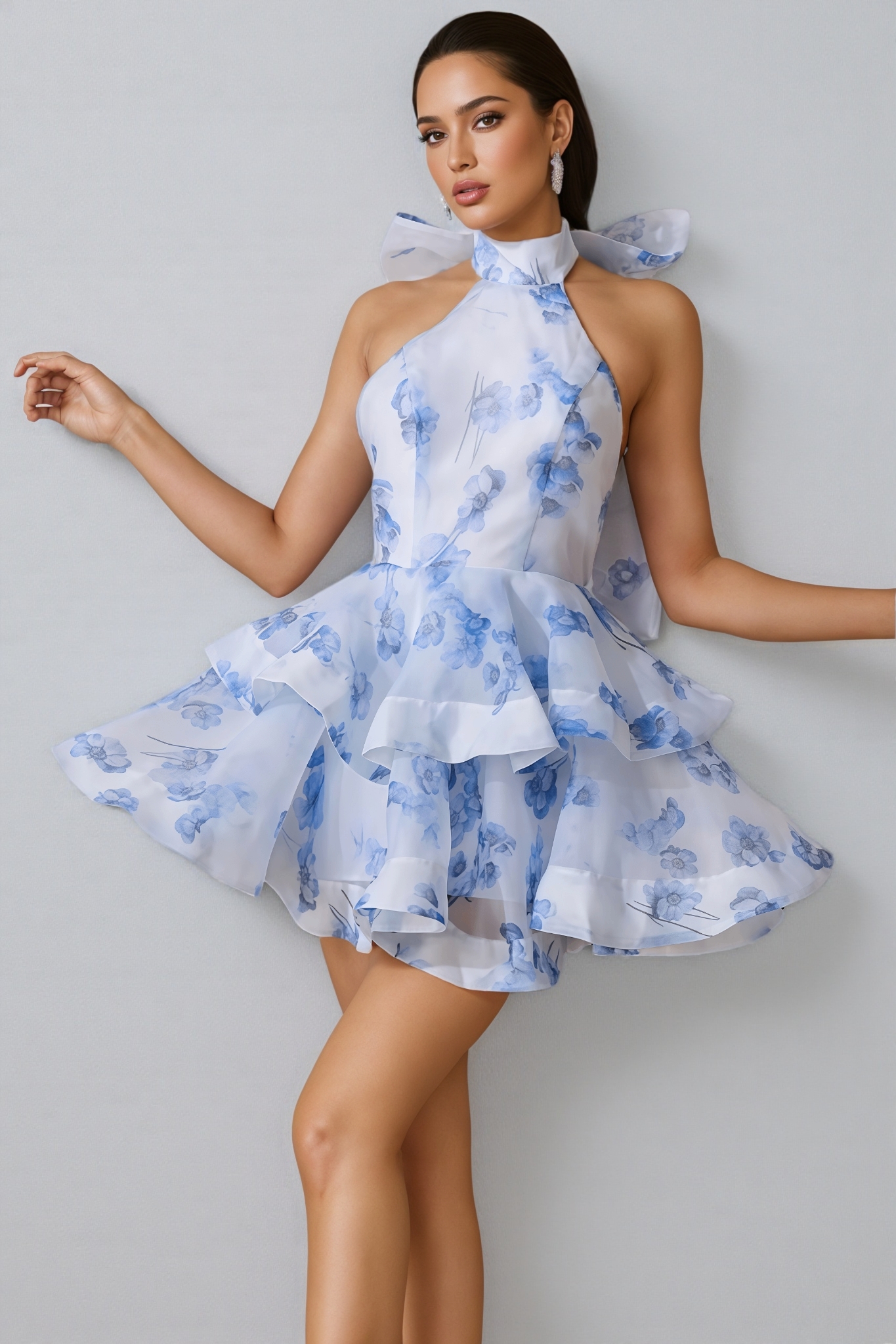 Xexelle  Backless Flower Printed Bow Mini Dress