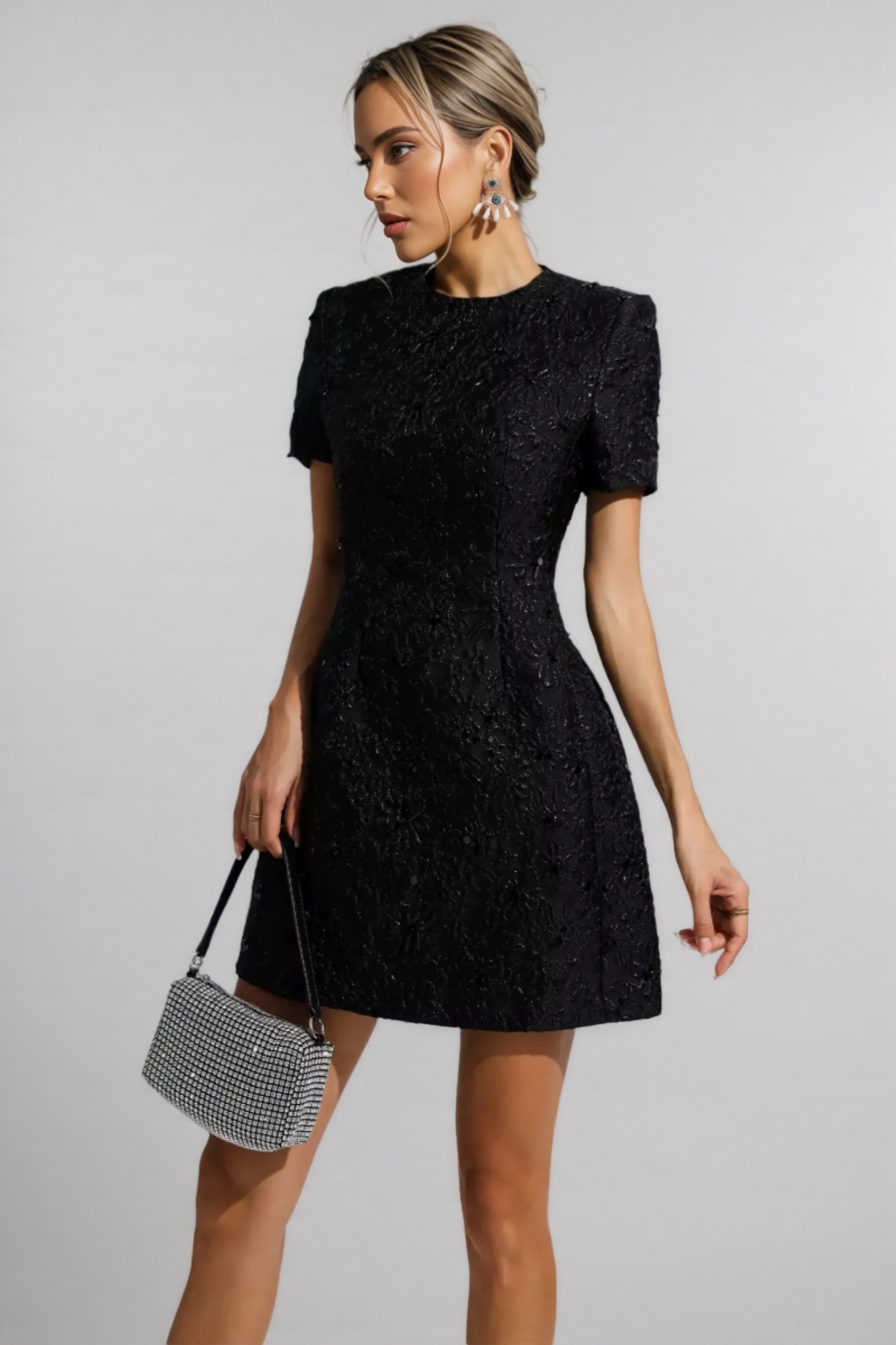 Umeko Black Jacquard Floral Mini Dress